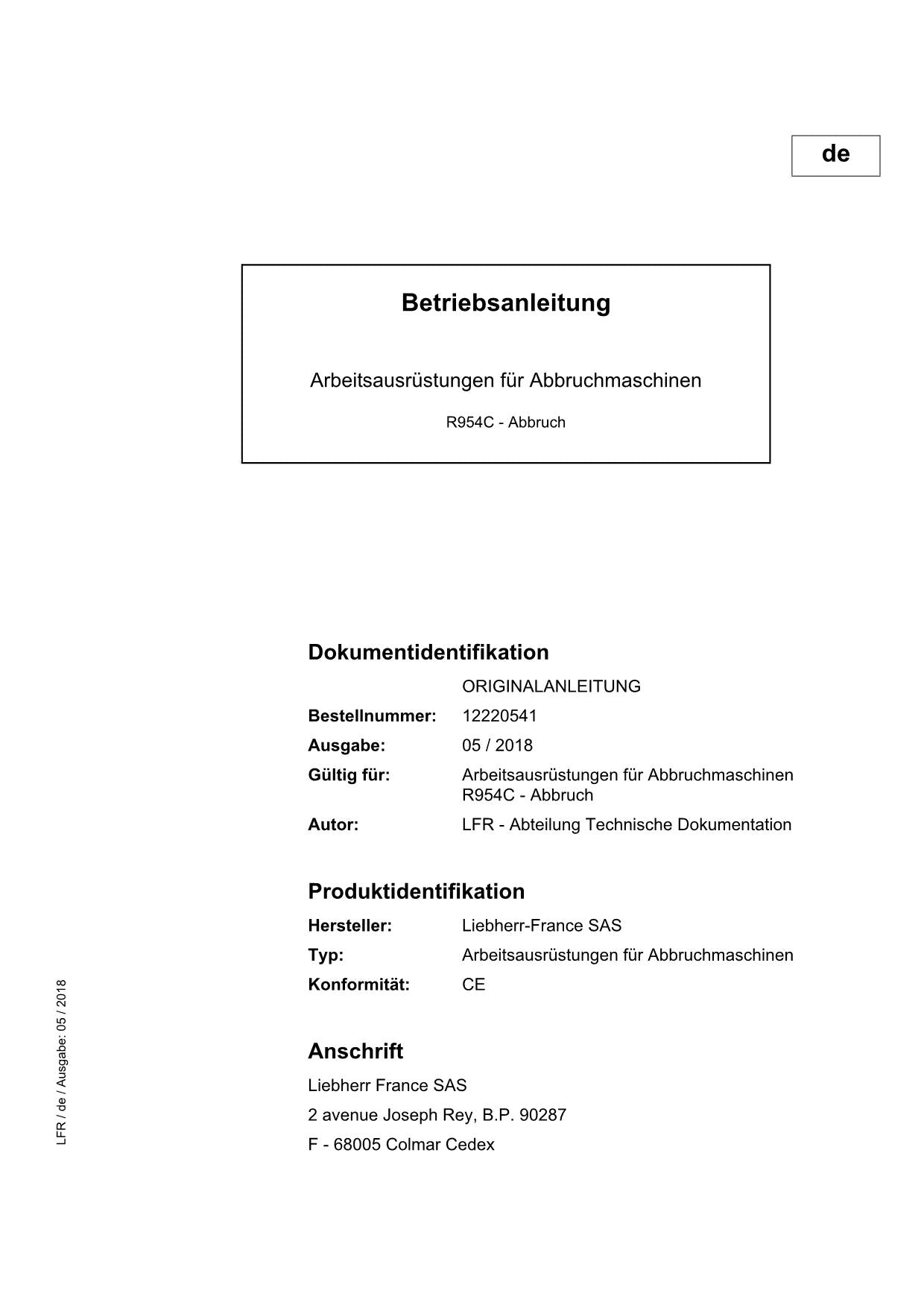 Liebherr R954C Abbruch Arbeitsausrüstungen Abbruchmaschinen Betriebsanleitung