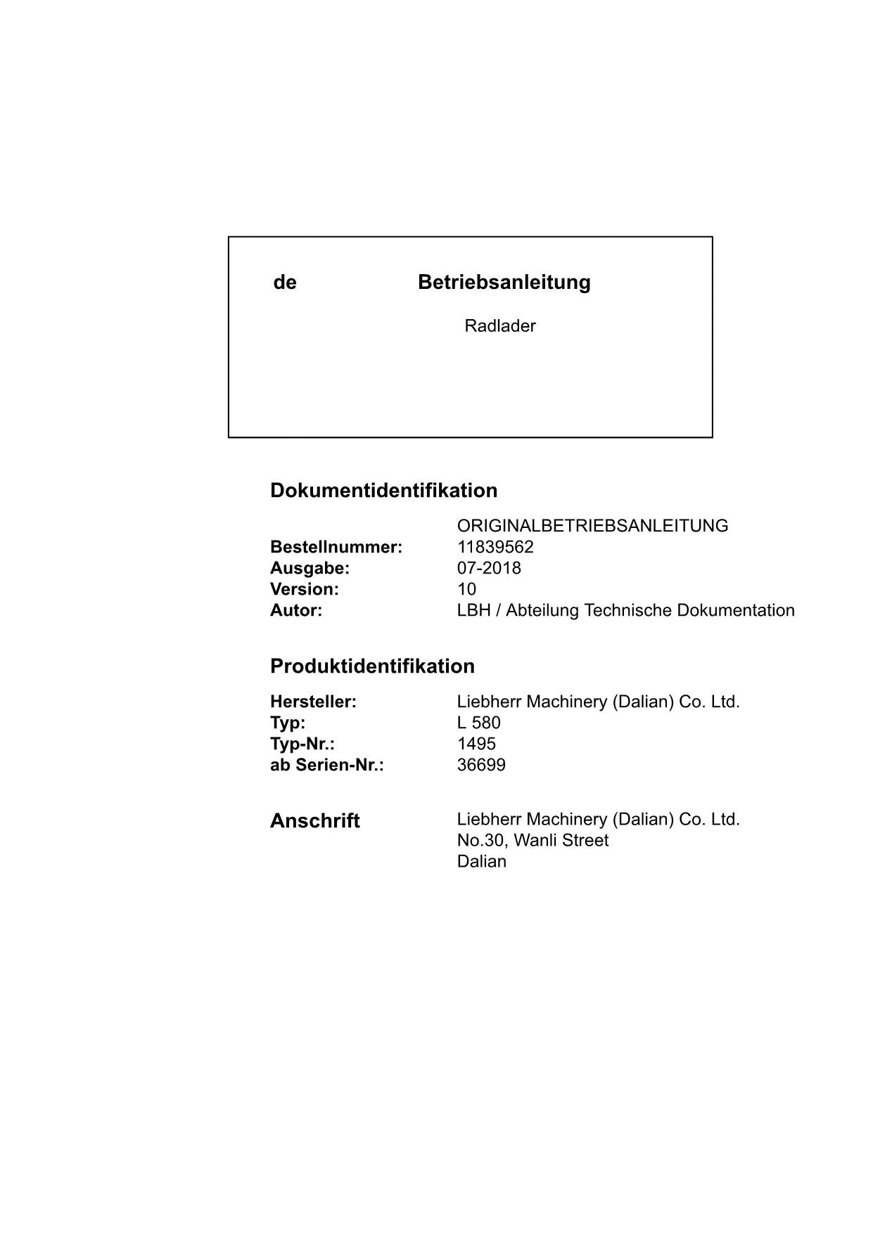 Liebherr L580 Radlader Betriebsanleitung ser 36699