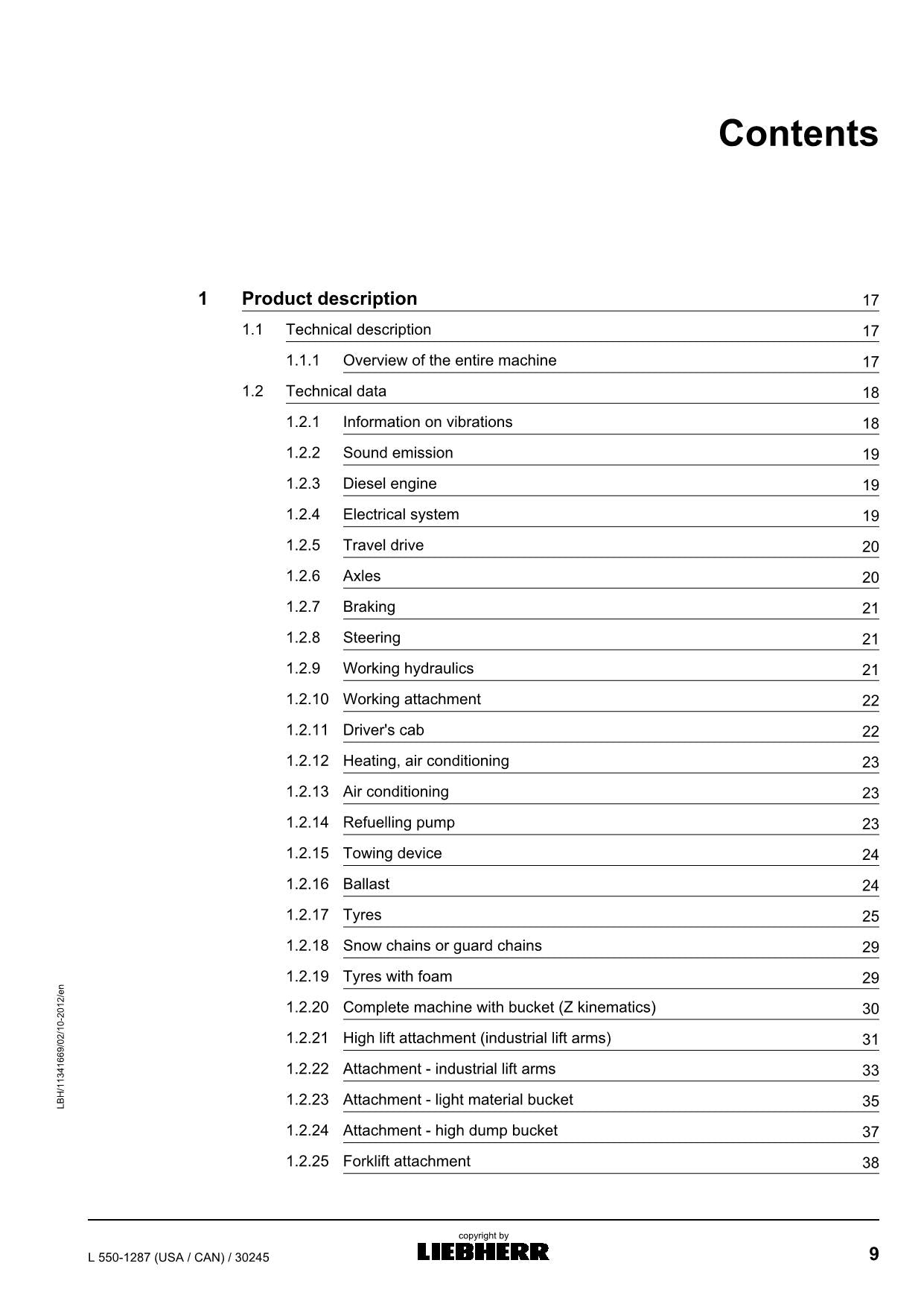 Liebherr L550-1287 (USA CAN) Wheel Loader Operators manual