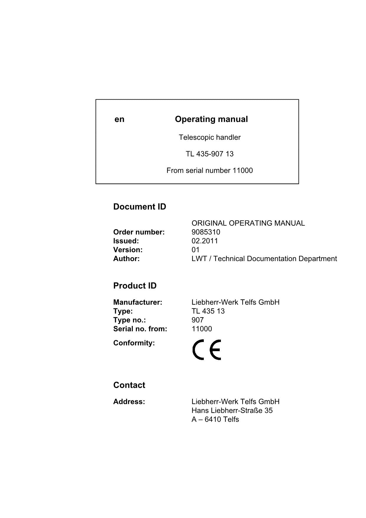 Liebherr TL435-907 13 Telescopic handler Operators manual