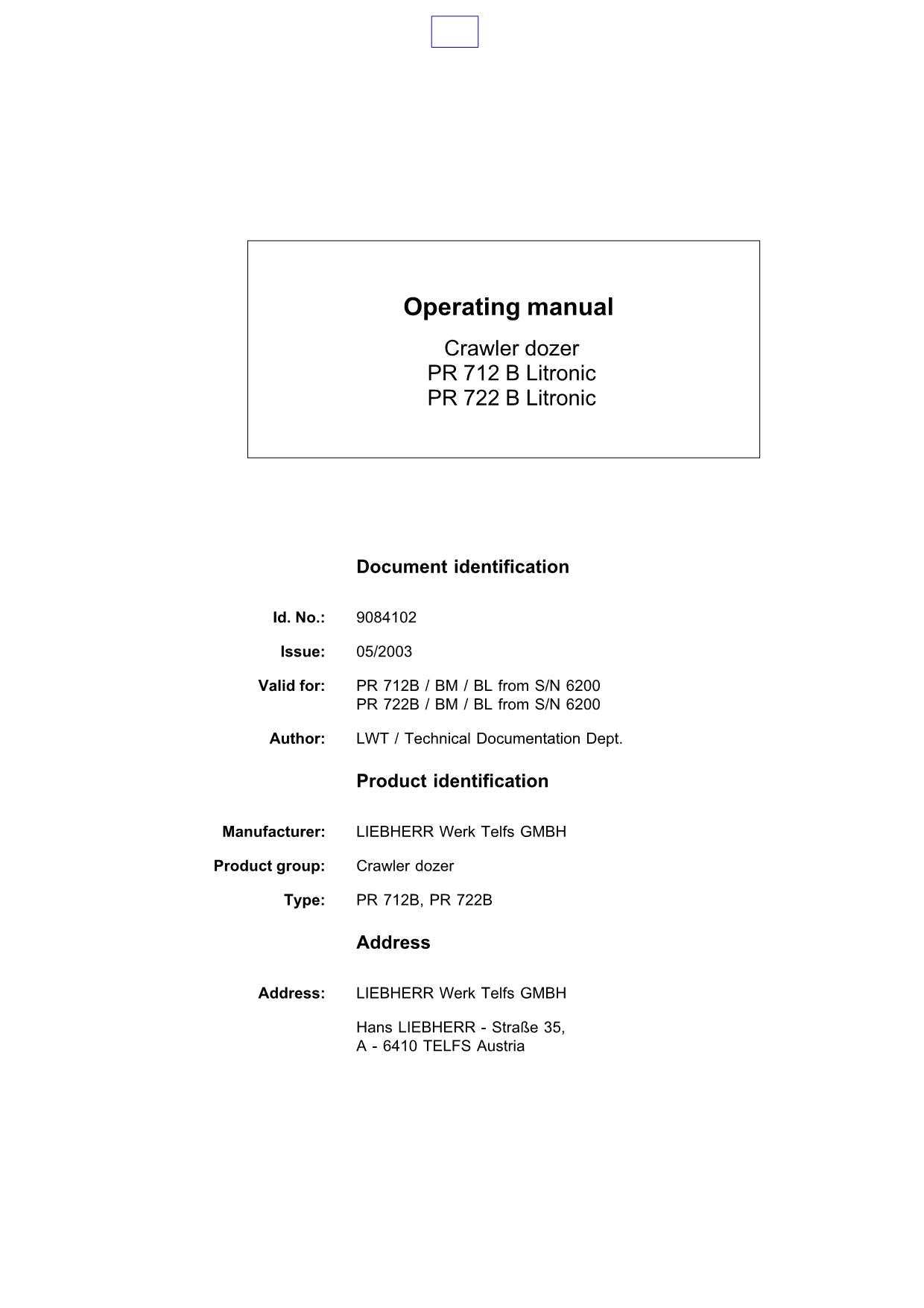 Liebherr PR712 B Litronic PR722 B Litronic Dozer Operators manual