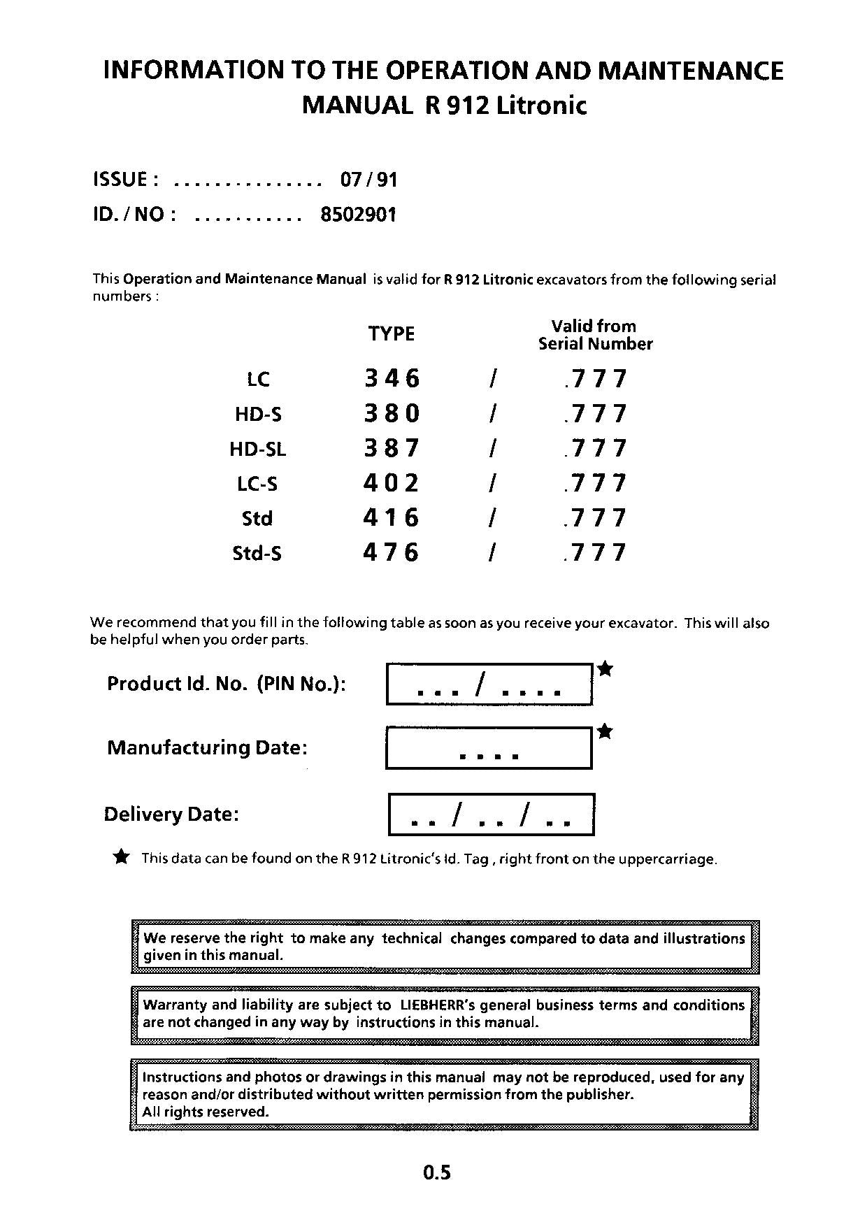 Liebherr R912 Litronic Excavator Operators manual serial 777