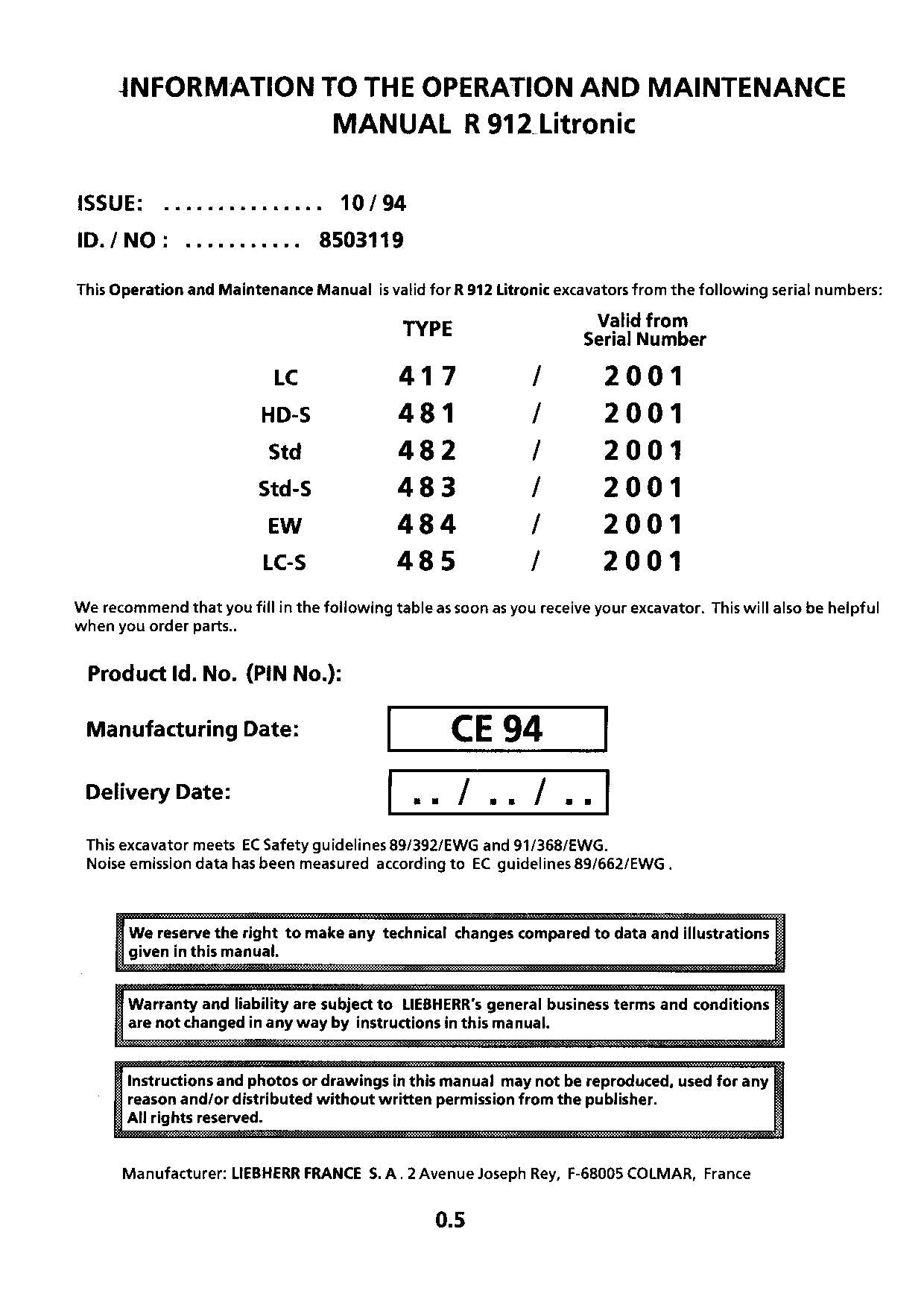 Liebherr R912 Litronic Excavator Operators manual serial 2001