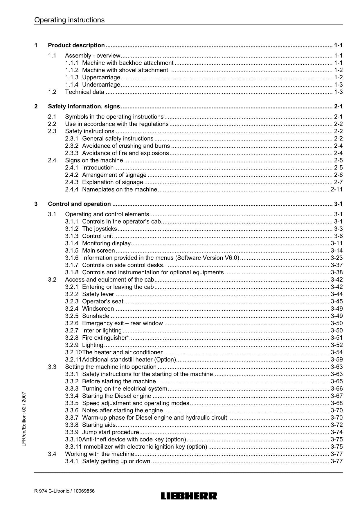 Liebherr R974 C-Litronic Excavator Operators manual serial 15259