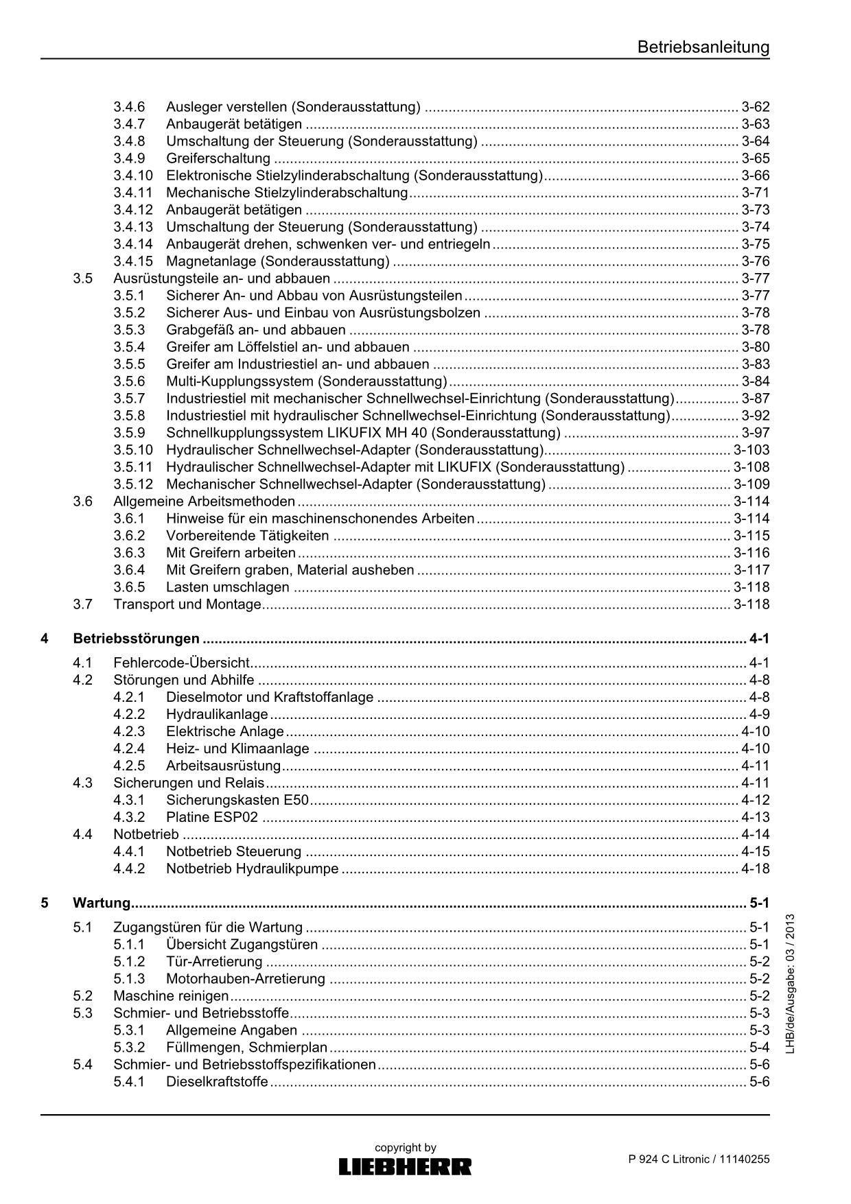 Liebherr P924 C Litronic Hydraulikbagger-Oberwagen Betriebsanleitung 2013