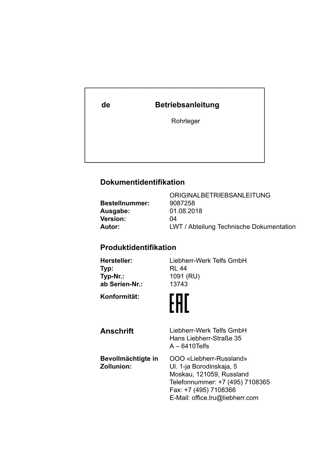 Liebherr RL44 Rohrleger Betriebsanleitung ser 13743 RU