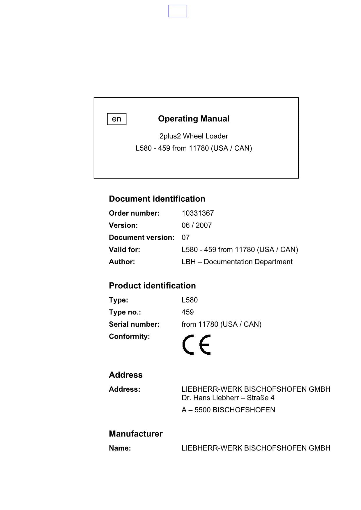 Manuel d'utilisation de la chargeuse sur pneus Liebherr L580 - 459 de 11780 (USA CAN) 2plus2