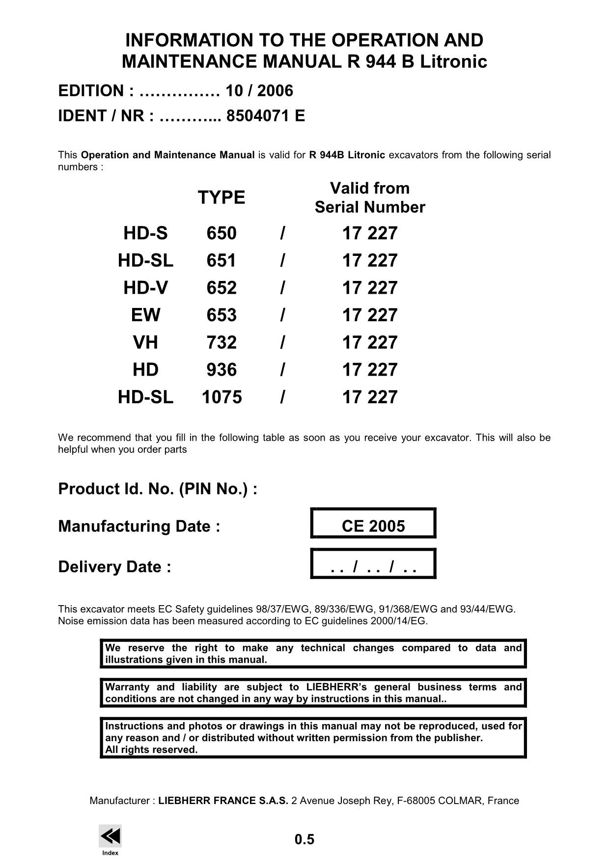 Liebherr R944 B Litronic Excavator Operators manual serial 17227