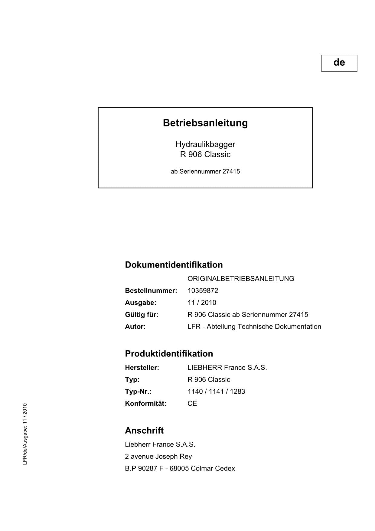 Ensacheuse Liebherr R906 Classic Betriebsanleitung