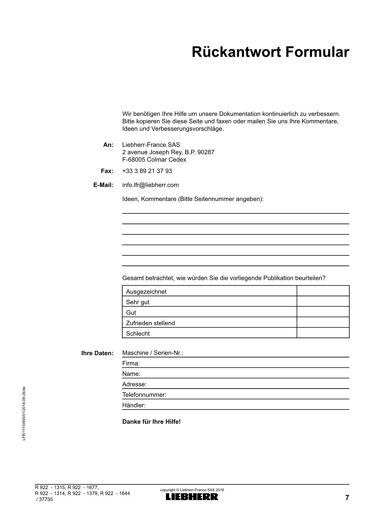 Liebherr R922 Hydraulikbagger Manuel d'instructions ser 37755