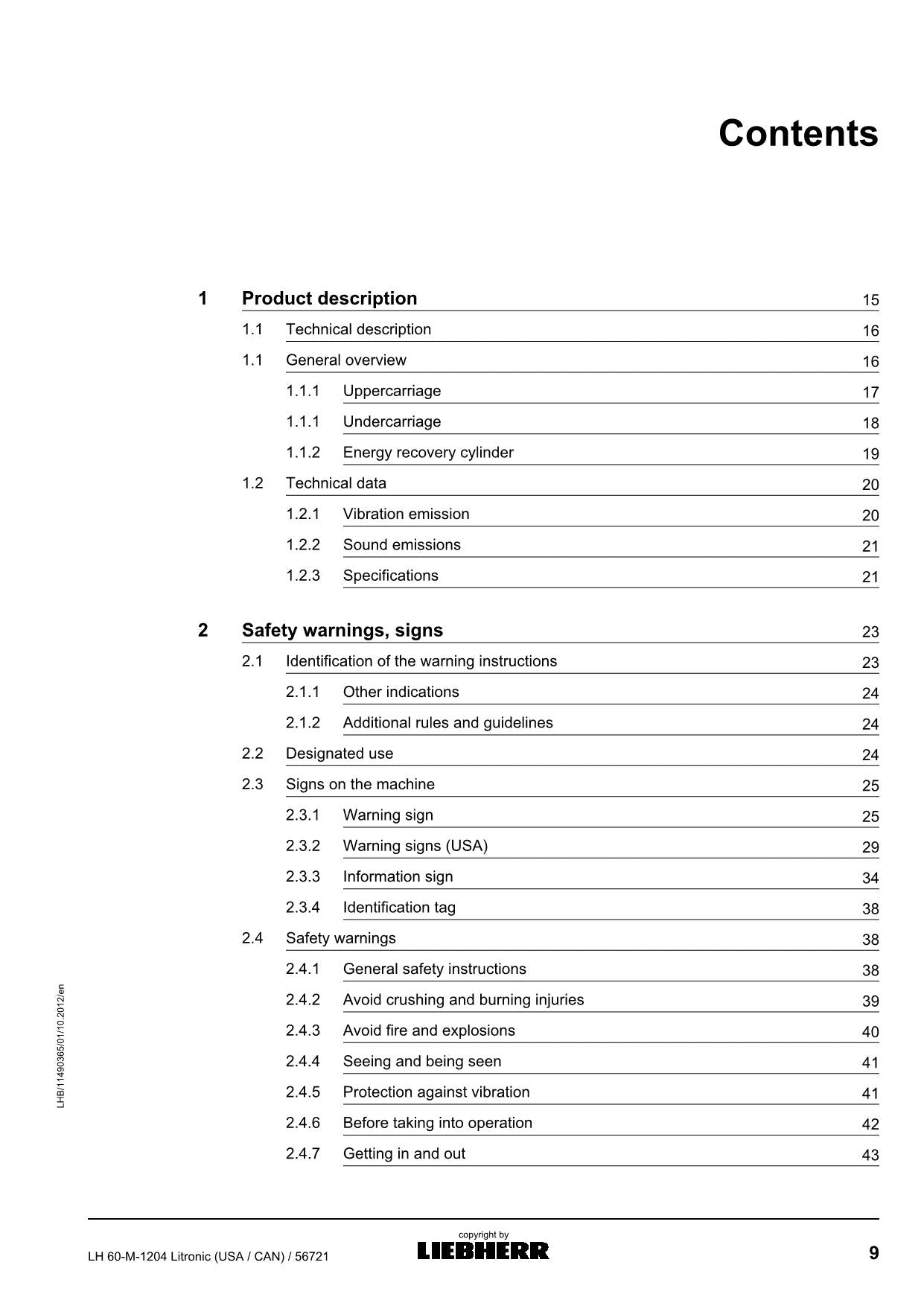 Liebherr LH60-M Litronic (USA CAN) Excavator Operators manual