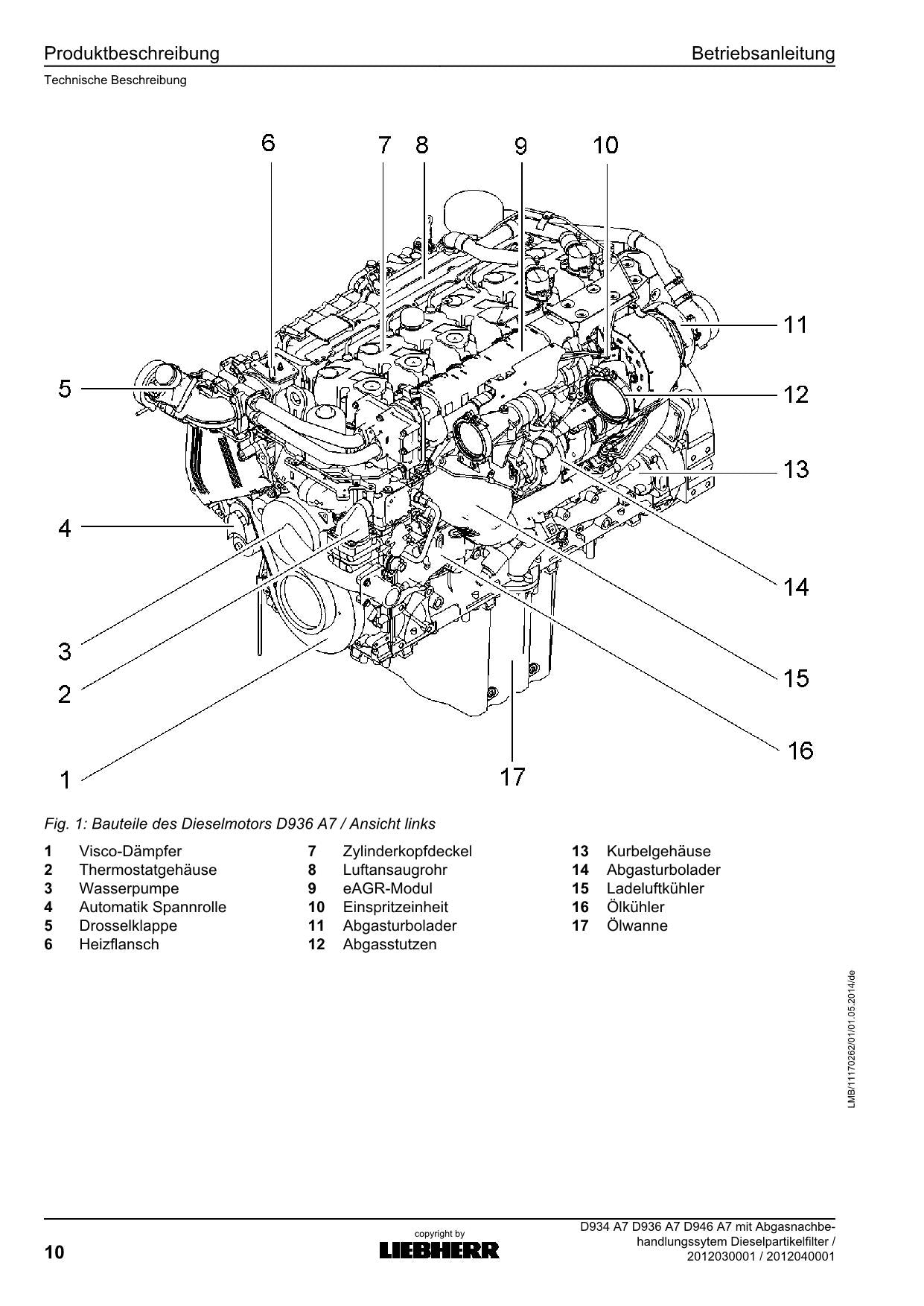 Liebherr D934 A7 D936 A7 D946 A7 Moteur de filtre à particules diesel Manuel d'instructions