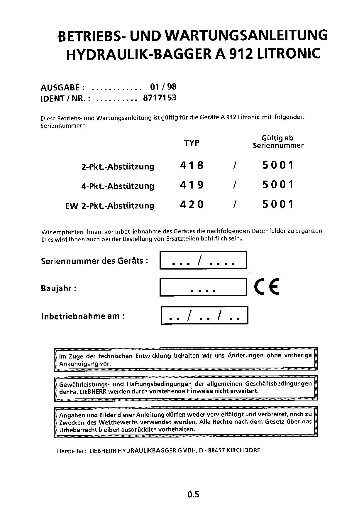 Liebherr A912 Litronic Hydraulikbagger Betriebsanleitung ser 420/5001