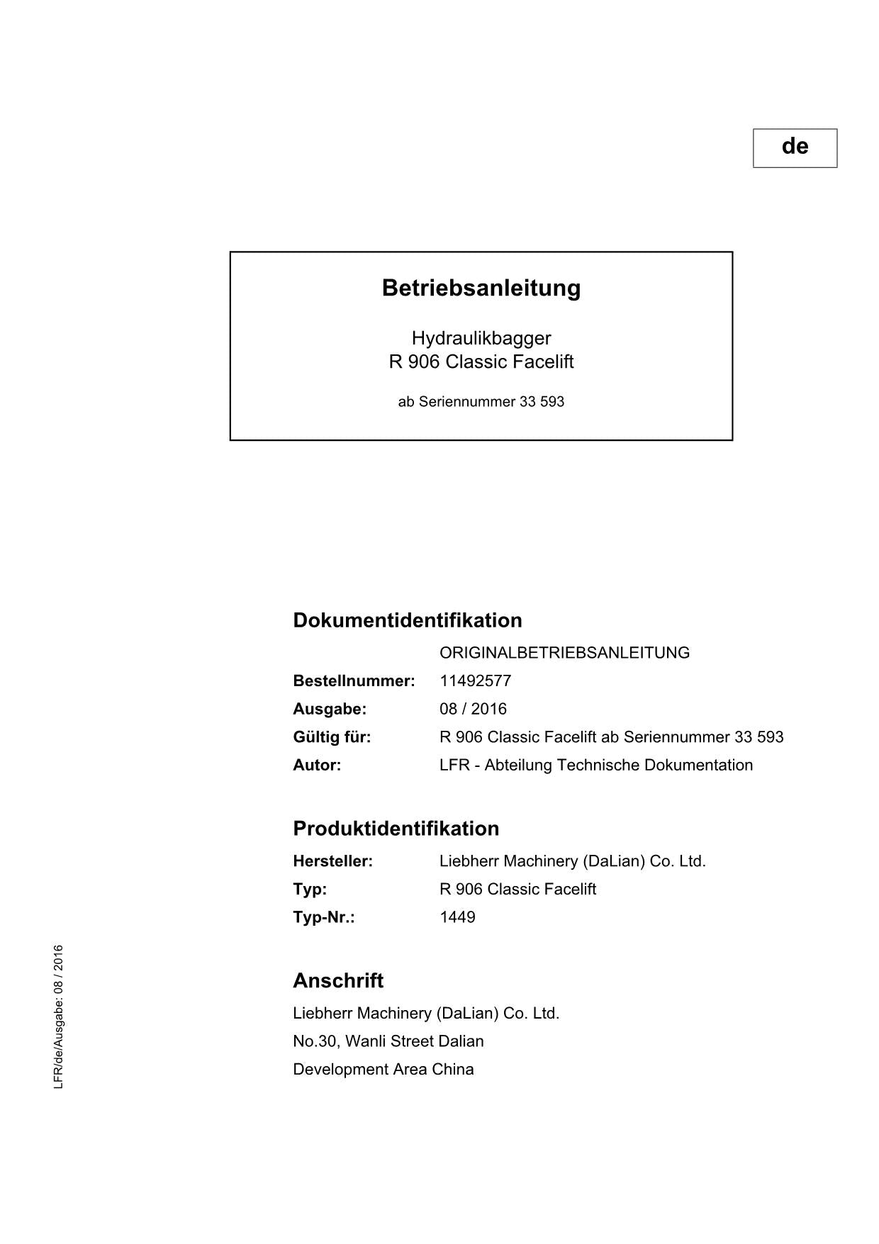 Liebherr R906 Classic Facelift Hydraulikbagger Betriebsanleitung