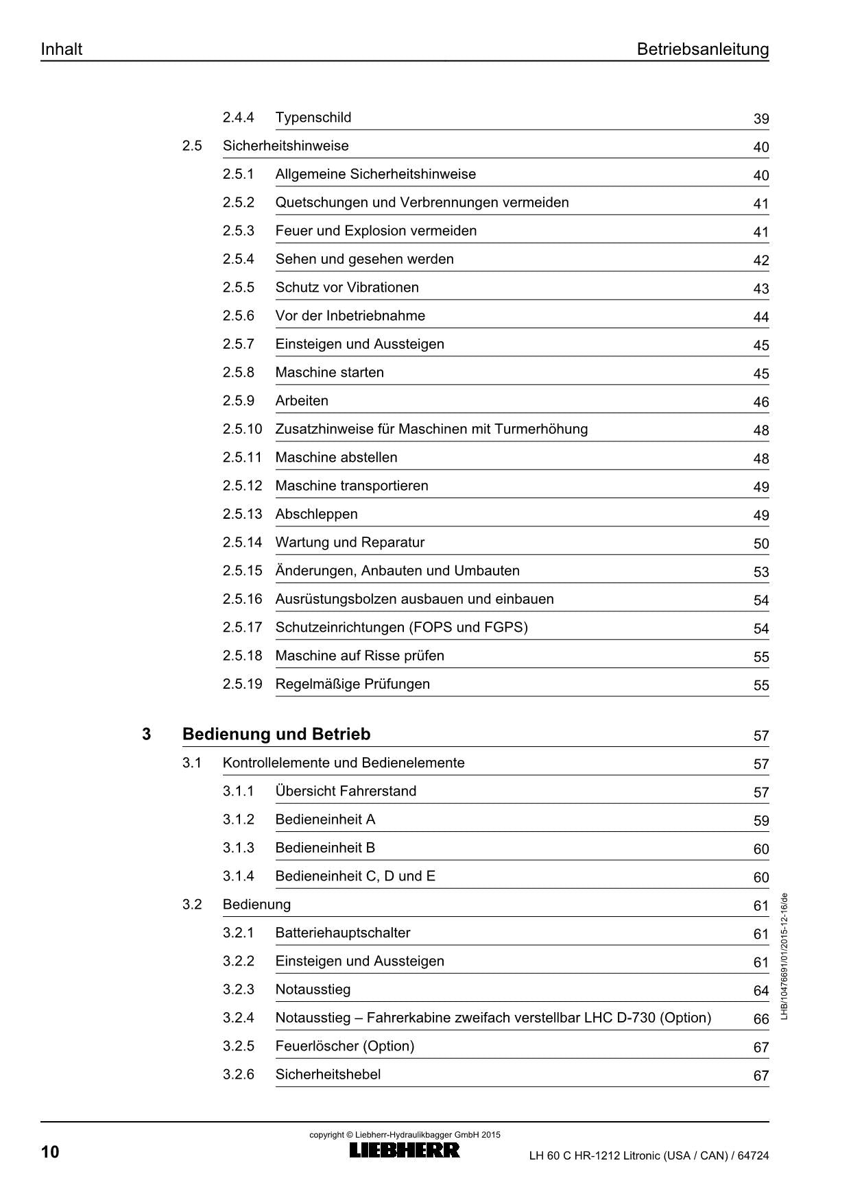 Liebherr LH60 C HRLitronic USACAN Materialumschlaggerät Betriebsanleitung