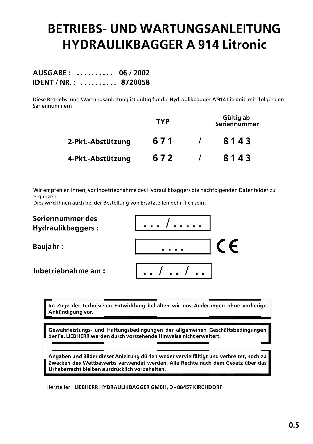 Liebherr A914 Litronic Hydraulikbagger Manuel d'instructions Manuel d'entretien