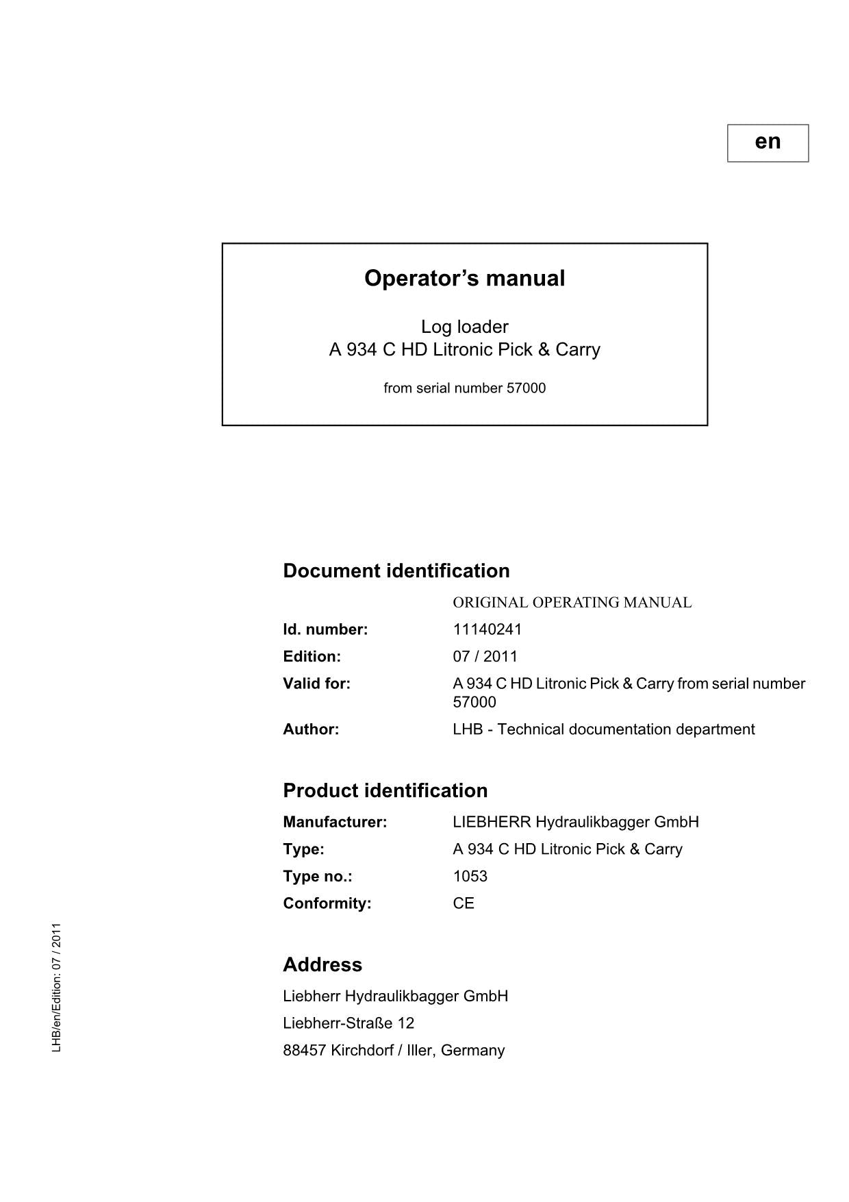 Liebherr A934 C HD Litronic Pick  Carry Log loader Operators manual