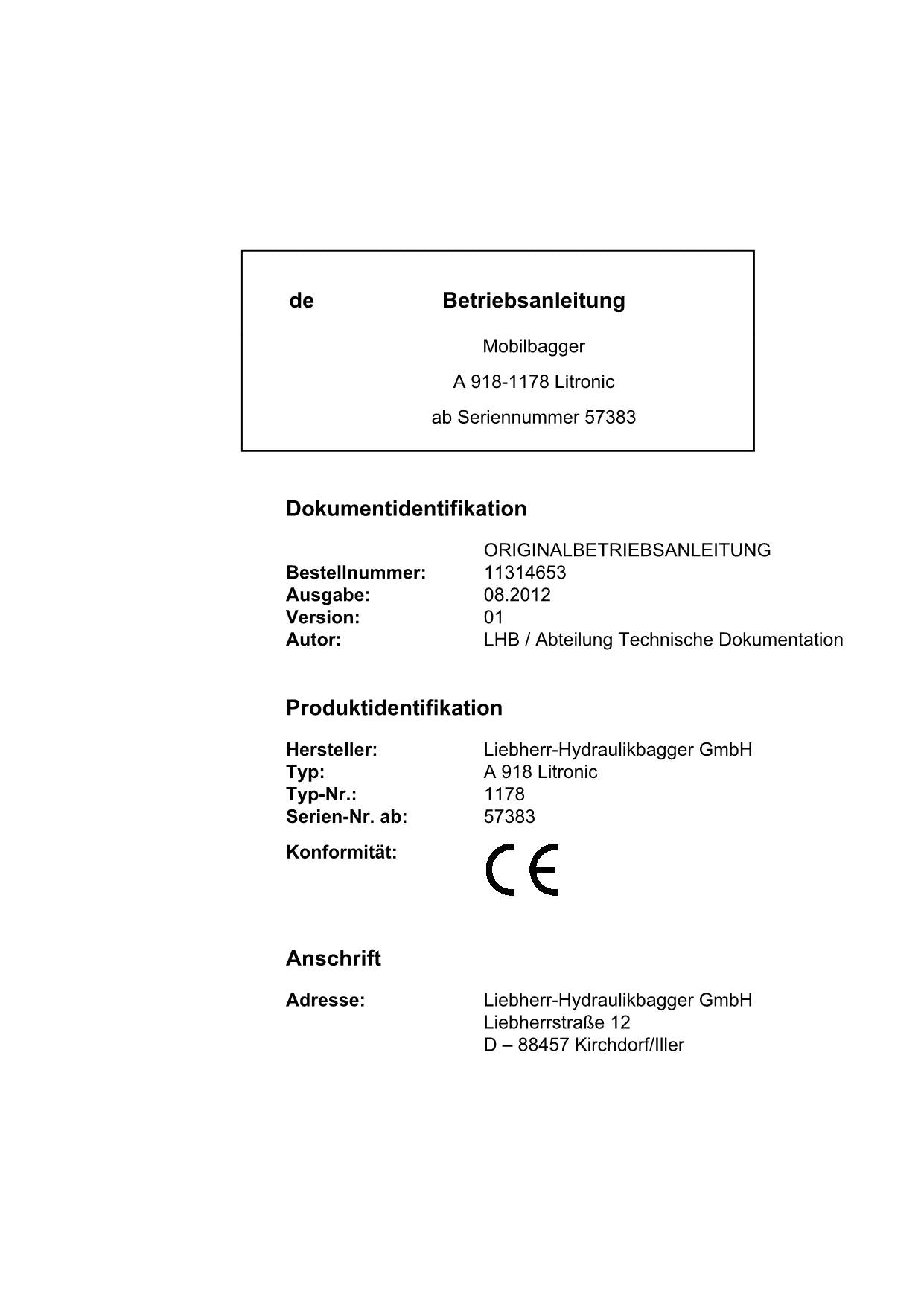 Liebherr A918 1178 Litronic Mobilbagger Betriebsanleitung