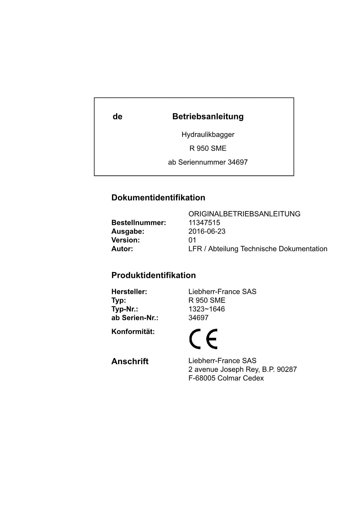 Liebherr R950 SME Hydraulikbagger Manuel d'instructions ser 34697