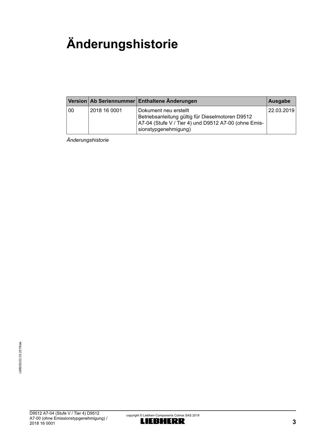 Liebherr D9512 D9512 ohne Emissionstypgenehmigung Dieselmotor Betriebsanleitung