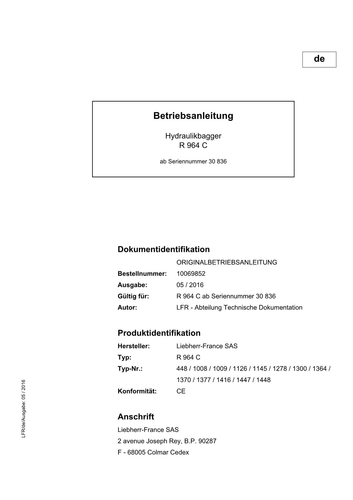 Liebherr R964 C Hydraulikbagger Betriebsanleitung