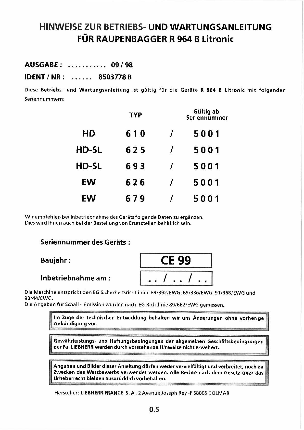 Liebherr R964 B Litronic Hydraulikbagger Manuel d'instructions