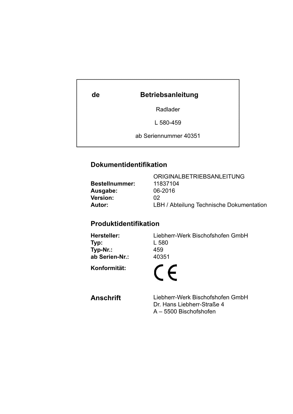 Liebherr L580 Radlader Betriebsanleitung ser 40351 11837104