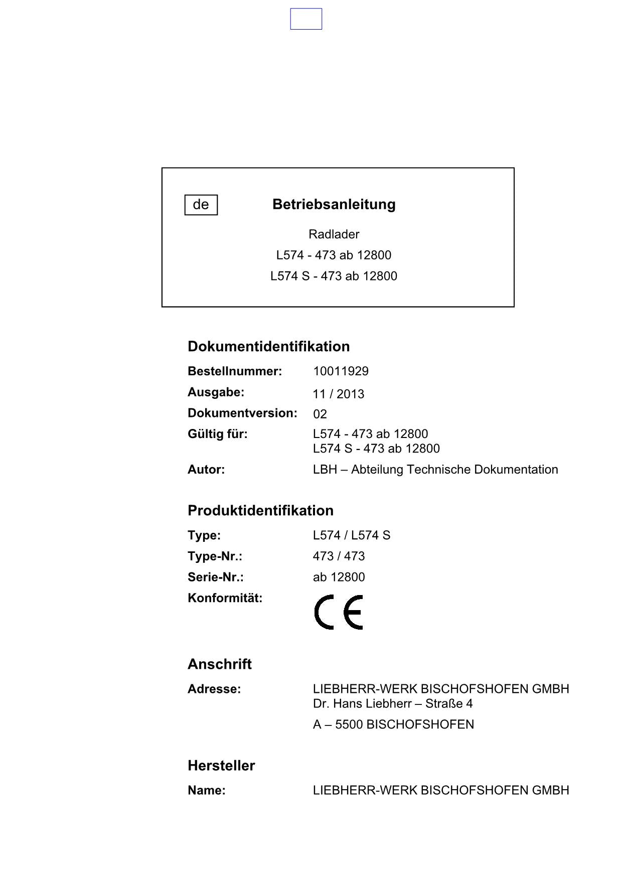 Liebherr L574 L574 S Radlader Betriebsanleitung ser 12800