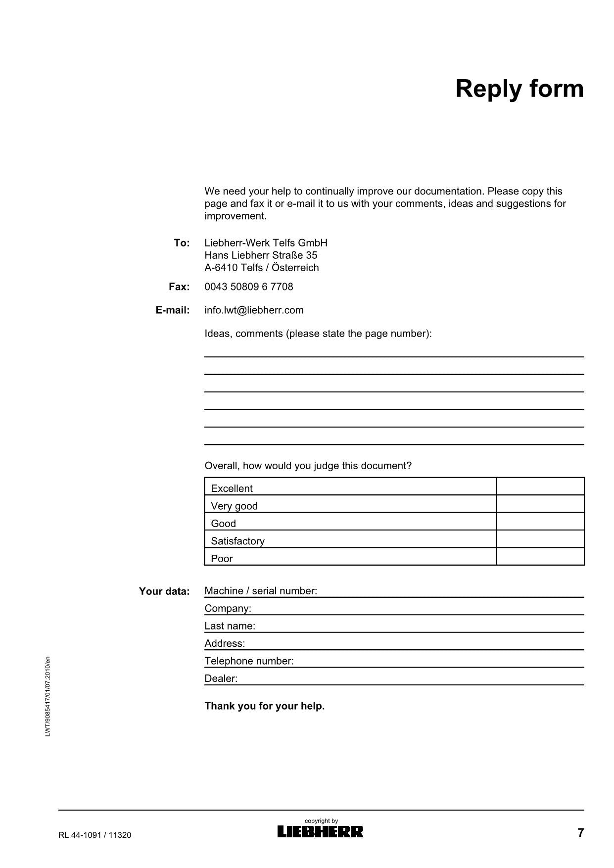 Liebherr RL44-1091 Pipe Layer Operators manual serial 11320