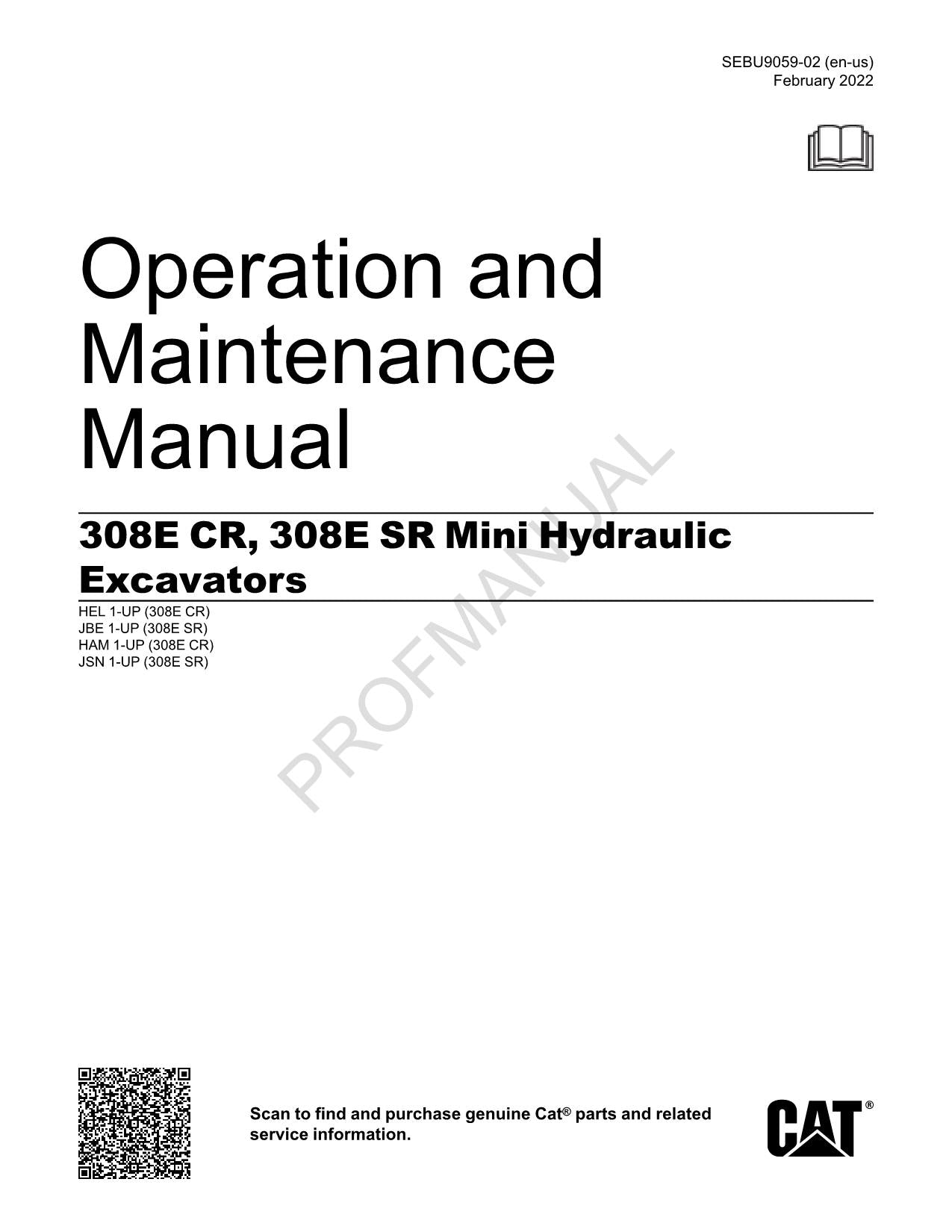 Manuel d'entretien de l'opérateur de la mini-pelle hydraulique Caterpillar 308E CR 308SR