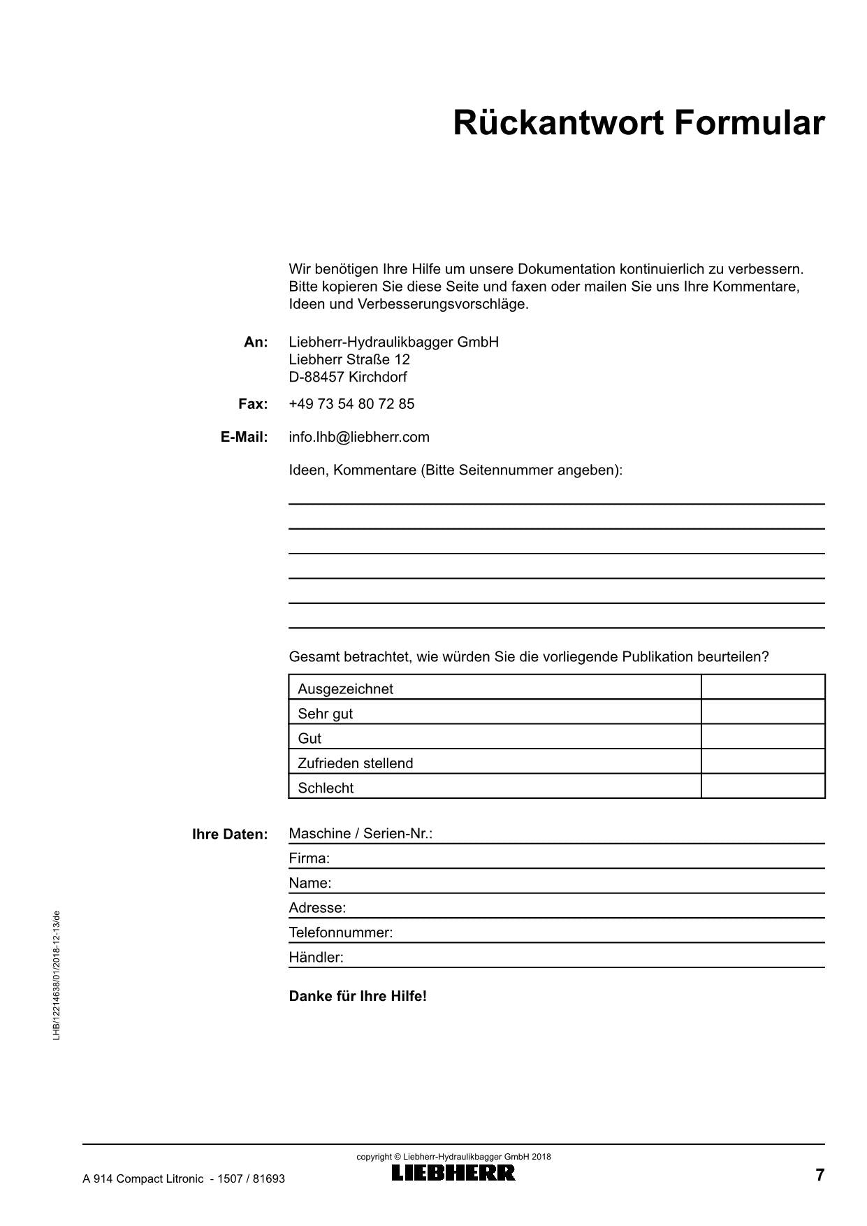 Liebherr A914 Compact Litronic Mobilbagger Manuel d'instructions ser 81693