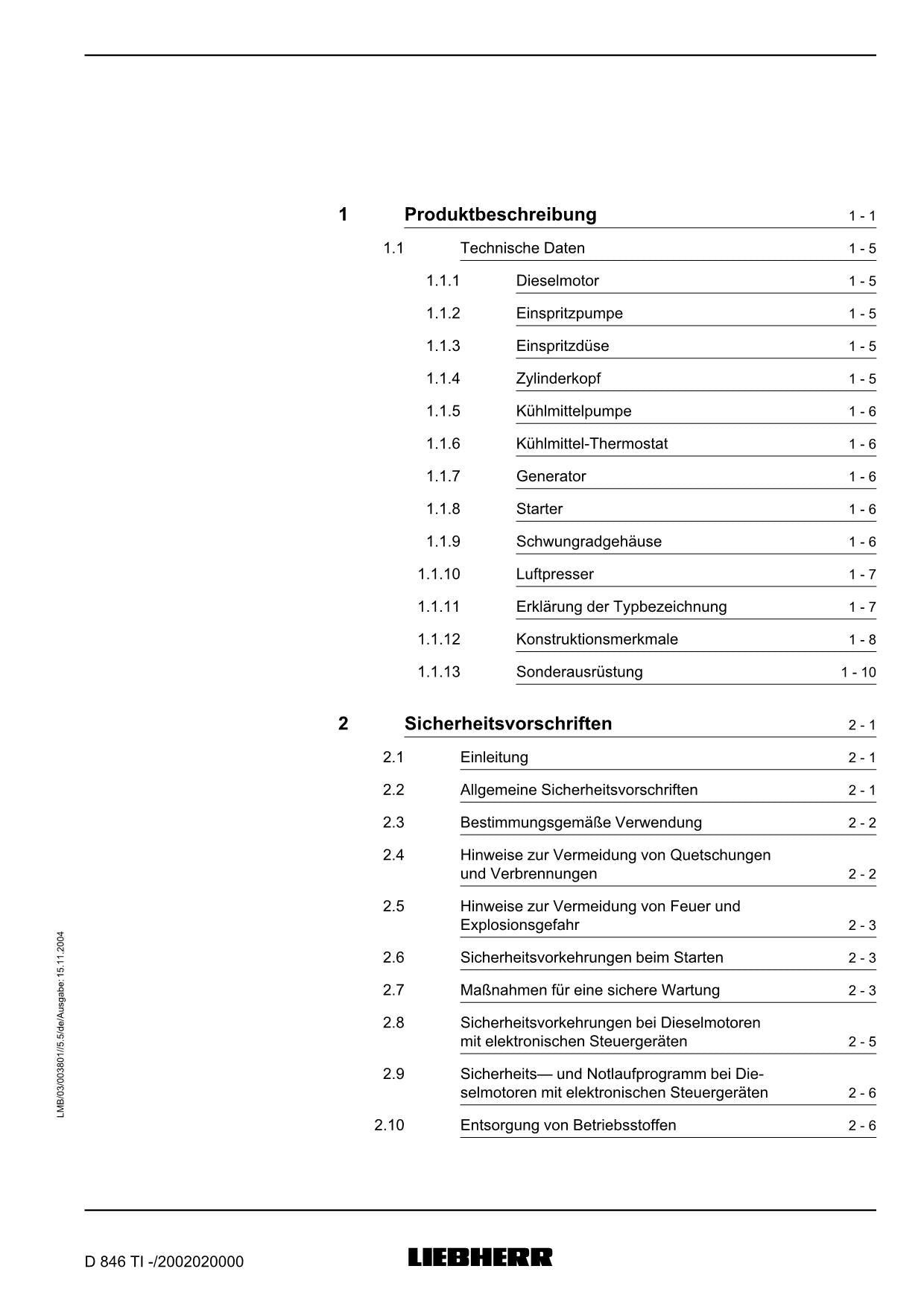 Liebherr D846 TI Dieselmotor Betriebsanleitung