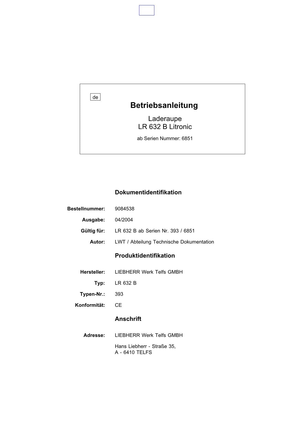 Liebherr LR632 B Litronic Laderaupe Manuel d'instructions 9084538