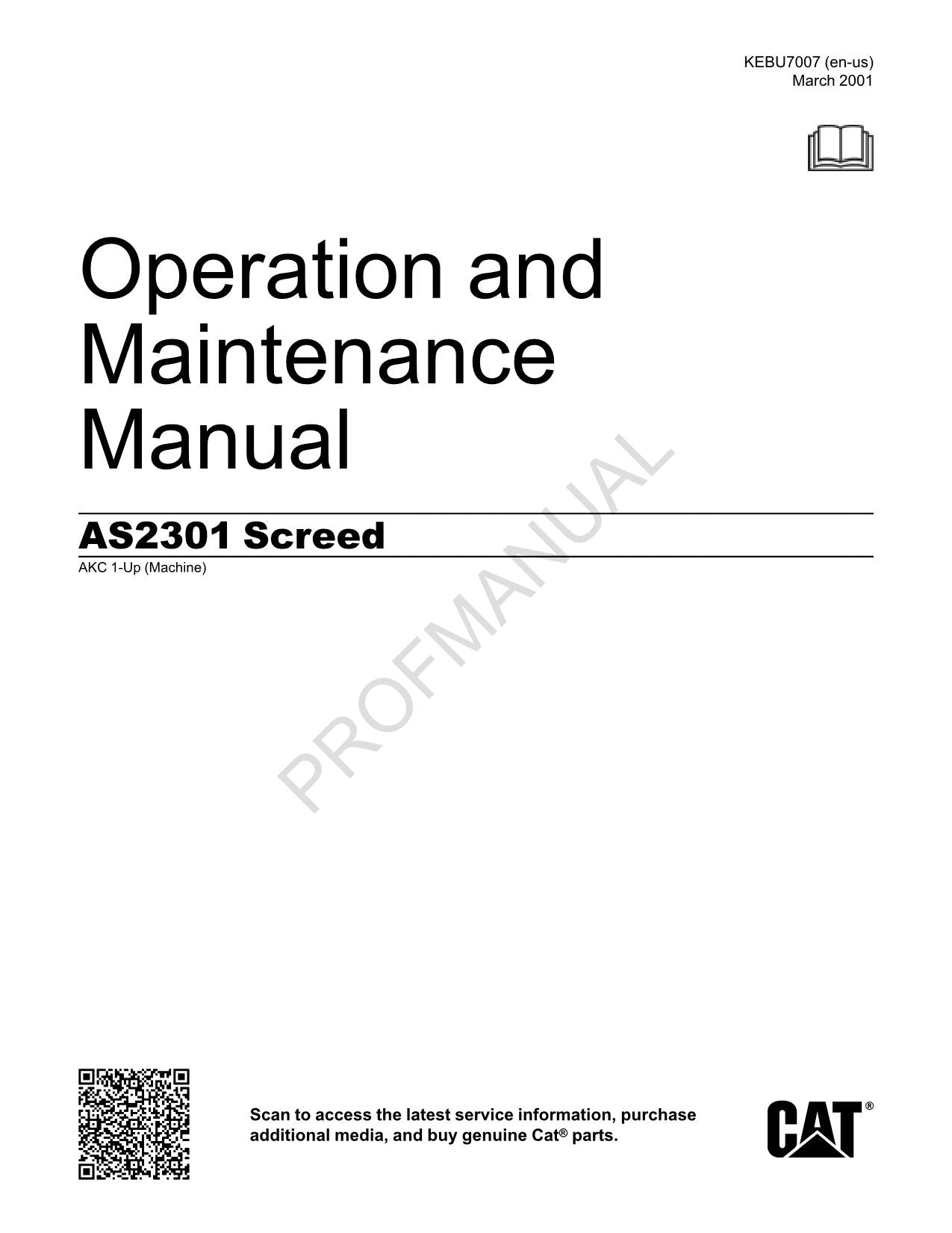 Caterpillar AS2301 Screed Operators Maintenance Manual