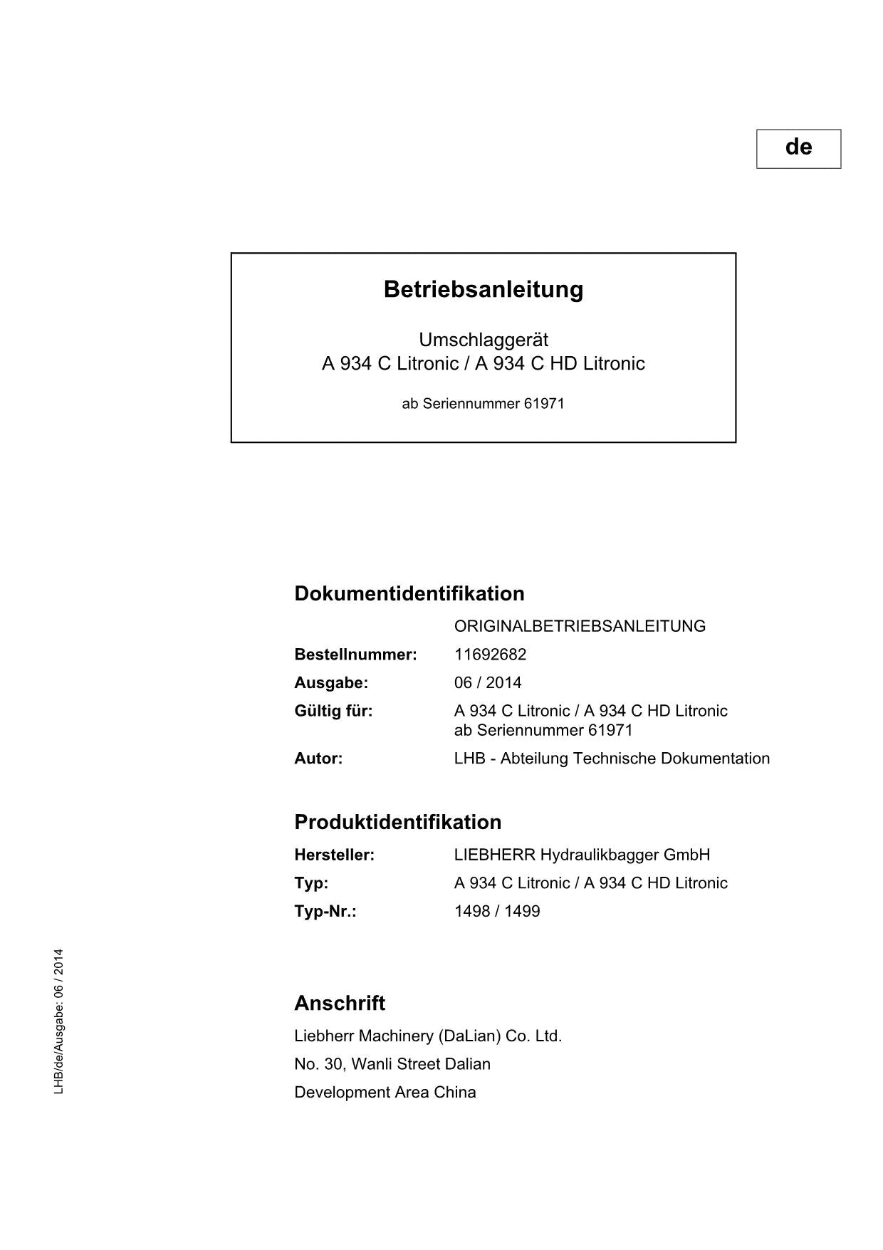 Liebherr A934 C A934 C HD Litronic Umschlaggerät Betriebsanleitung 61971