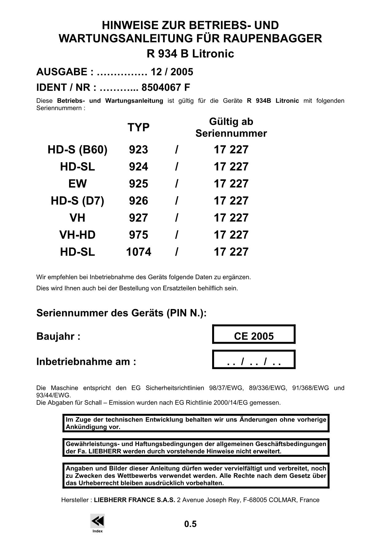 Liebherr R934 B Litronic Hydraulikbagger Manuel d'instructions