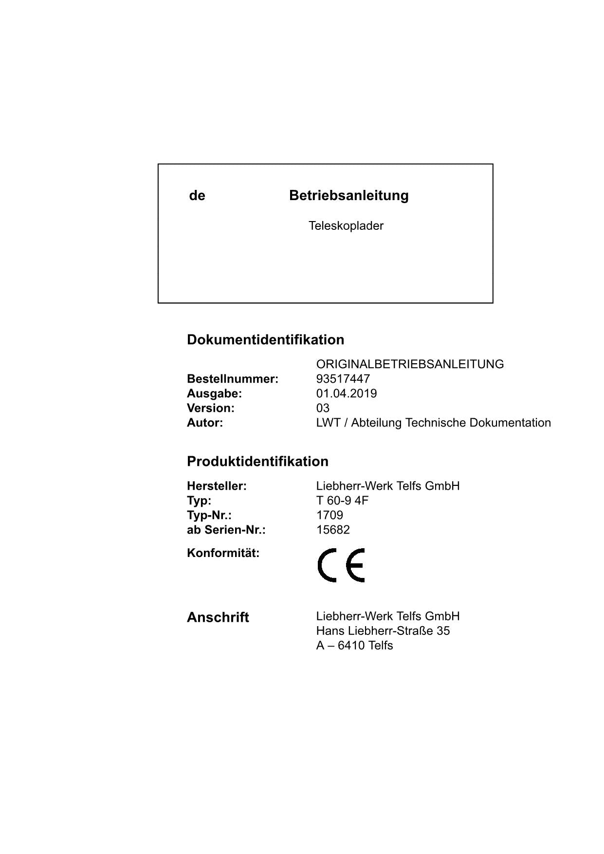 Liebherr T60-9 4F Teleskoplader Betriebsanleitung