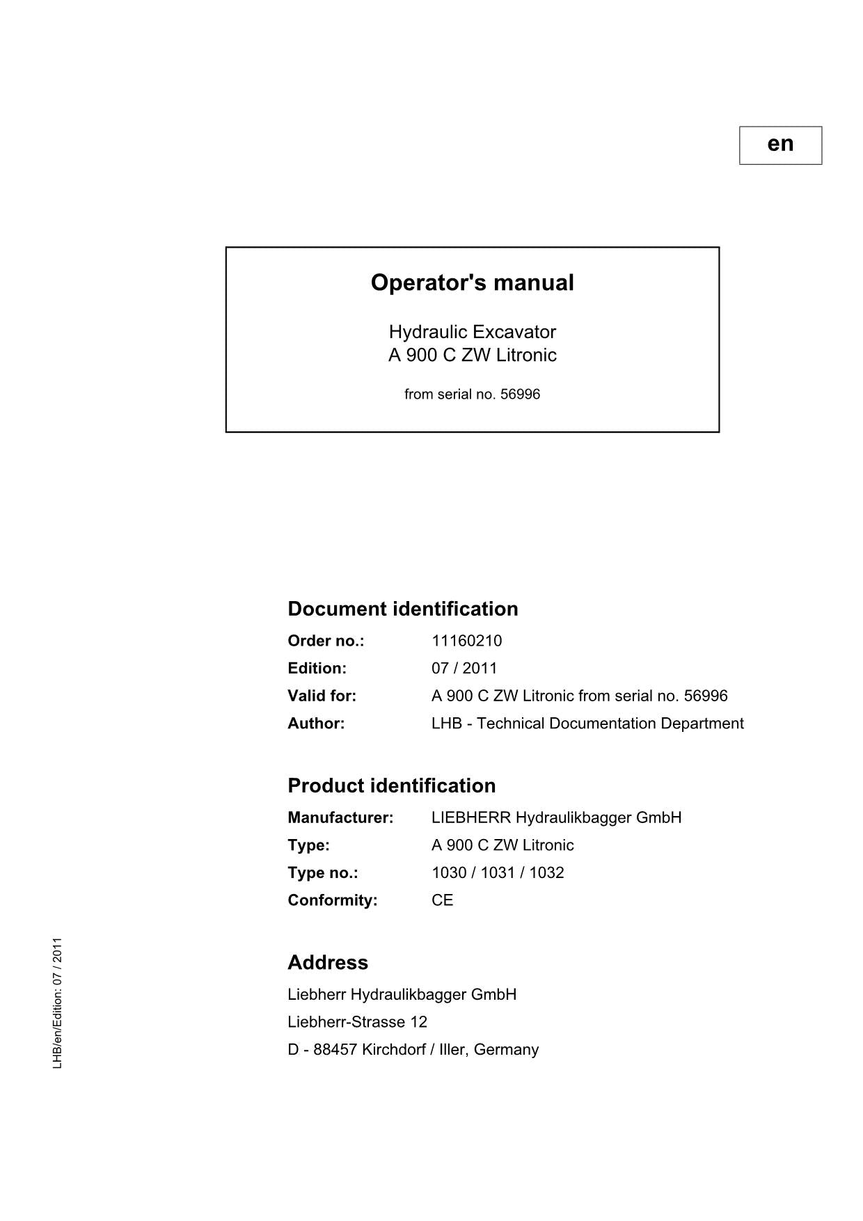 Liebherr A900 C ZW Litronic Excavator Operators manual serial 56996