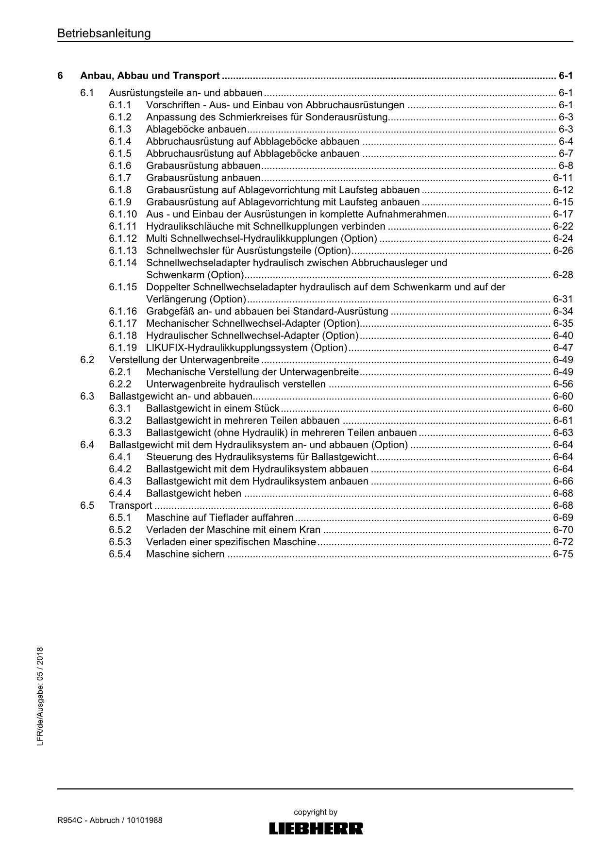 Liebherr R954 C Abbruch Hydraulikbagger Betriebsanleitung