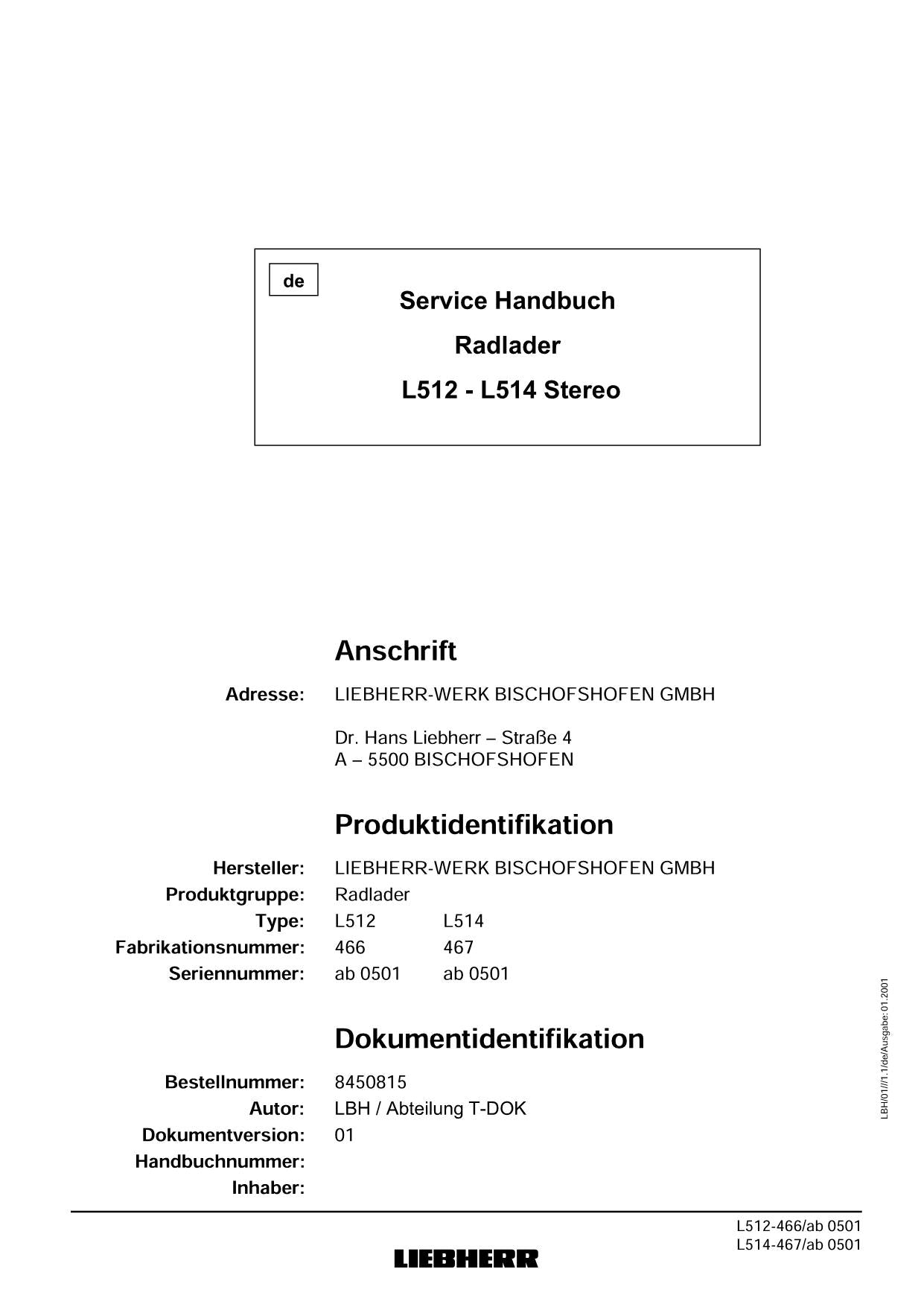 Liebherr L512 L514 L512 L514 Stereo Radlader Reparaturhandbuch Werkstatthandbuch