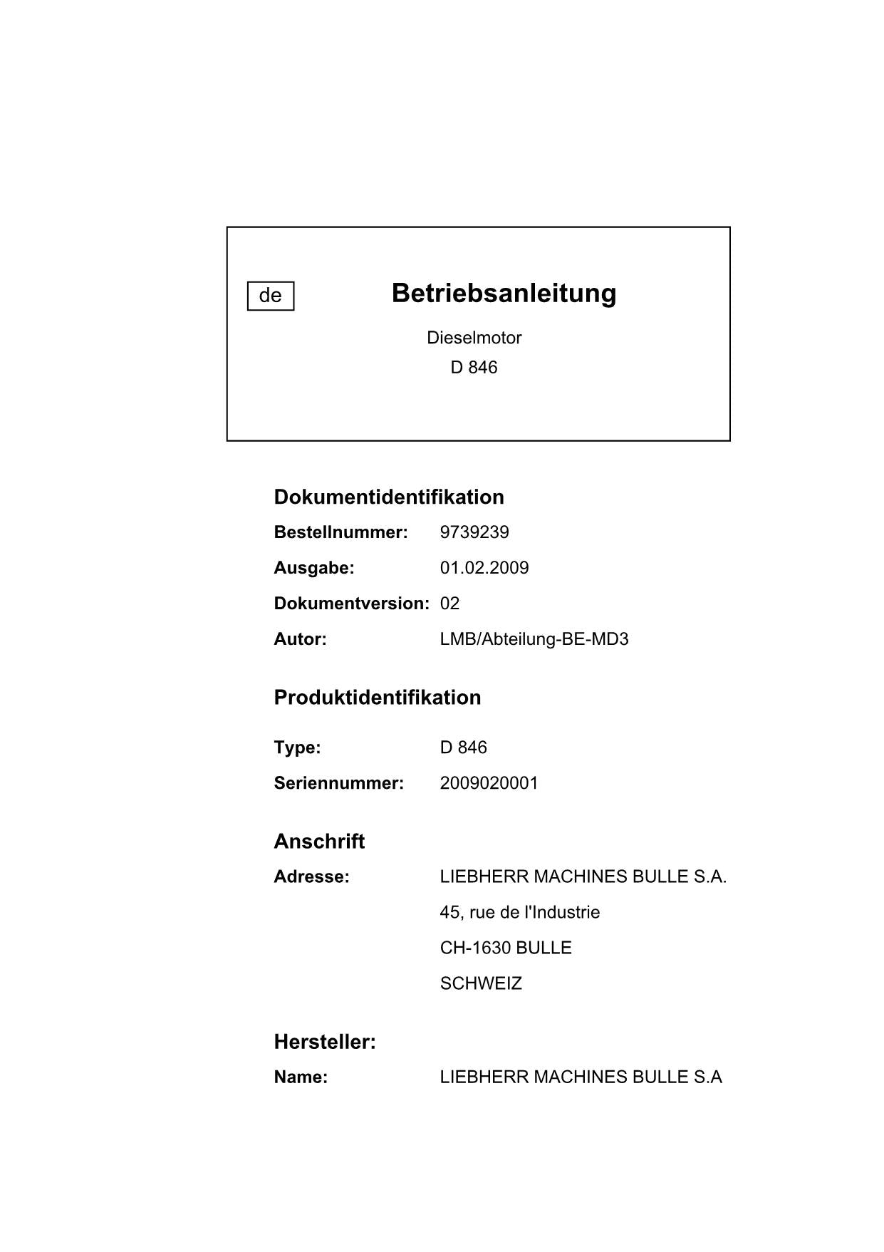 Manuel d'instructions du moteur diesel Liebherr D846