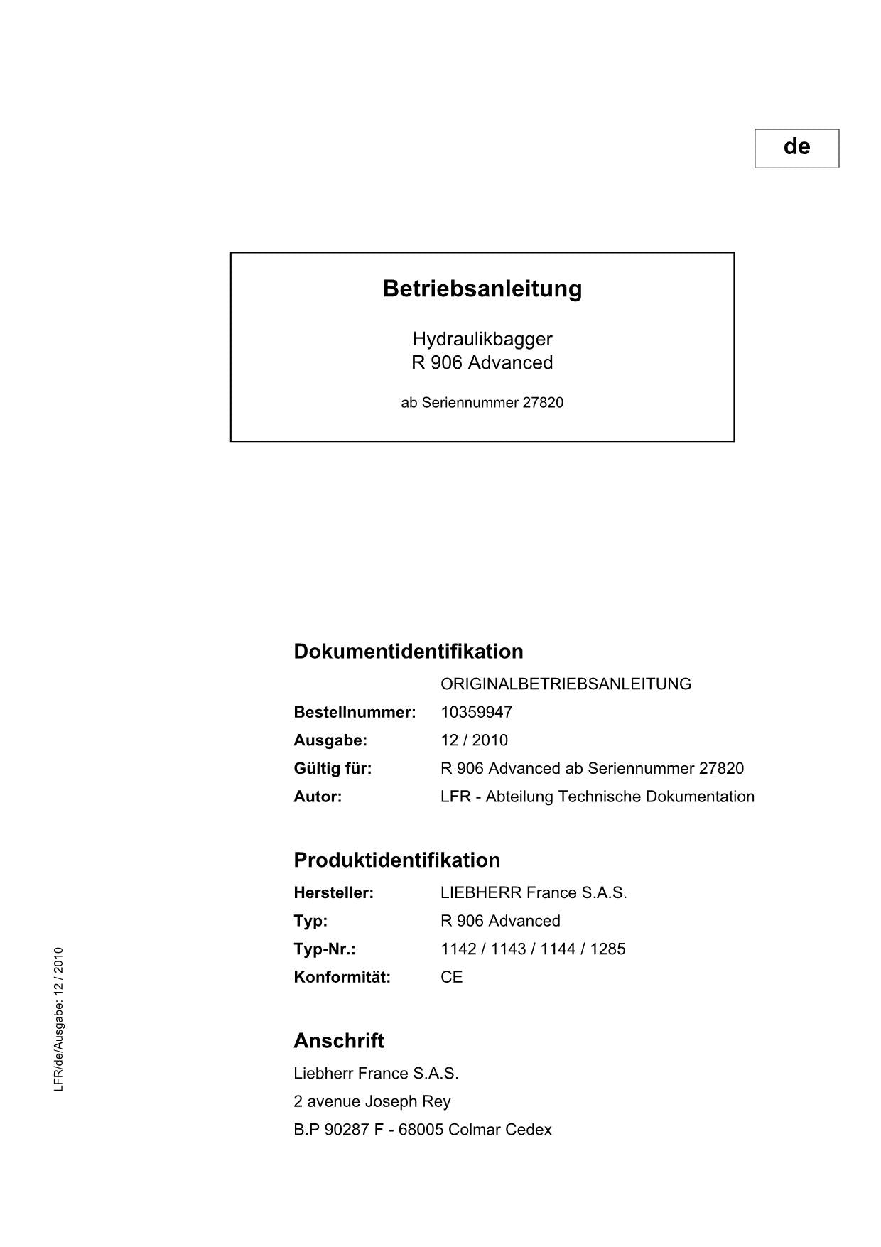 Liebherr R906 Advanced Hydraulikbagger Betriebsanleitung Wartungsanleitung