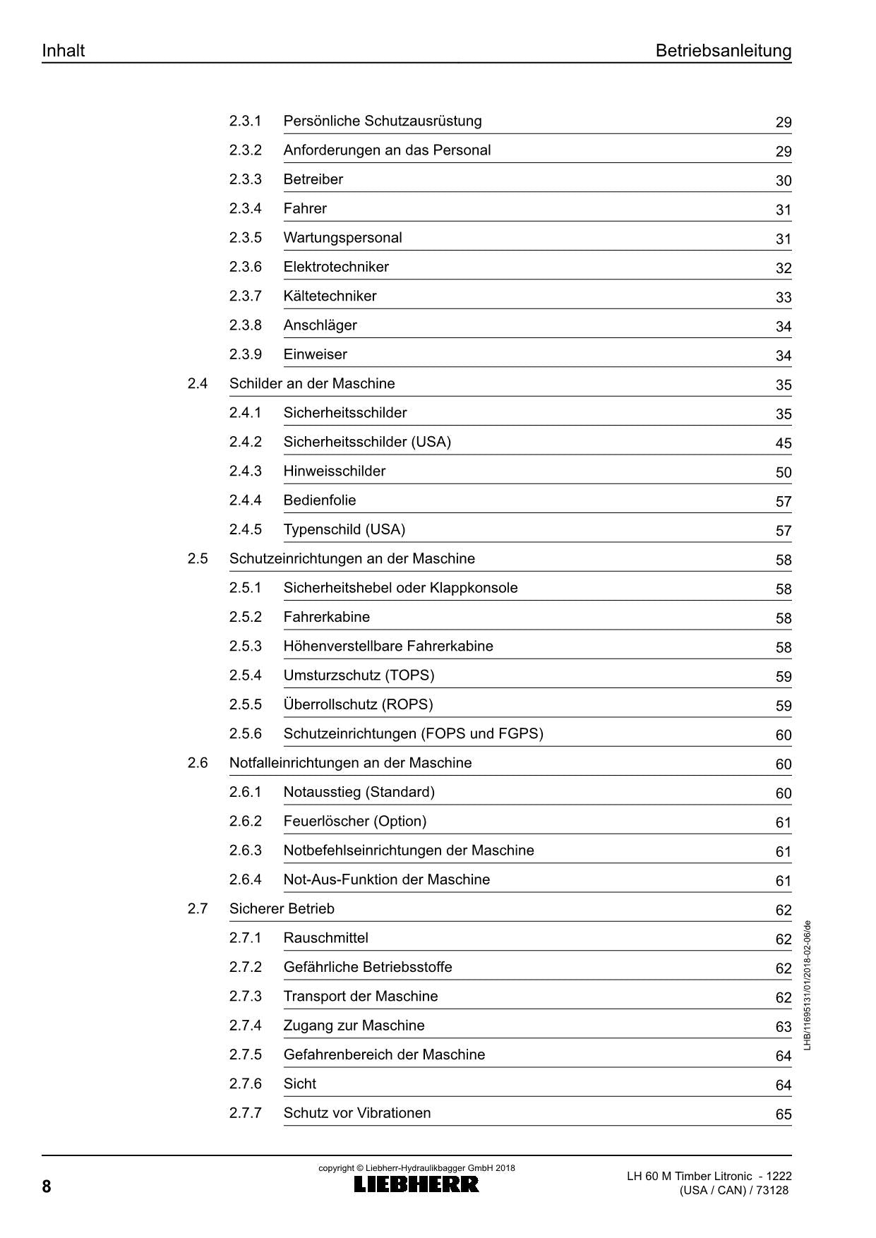 Liebherr LH60 M TimbeRLitronic Materialumschlaggerät Betriebsanleitung 1222 USA