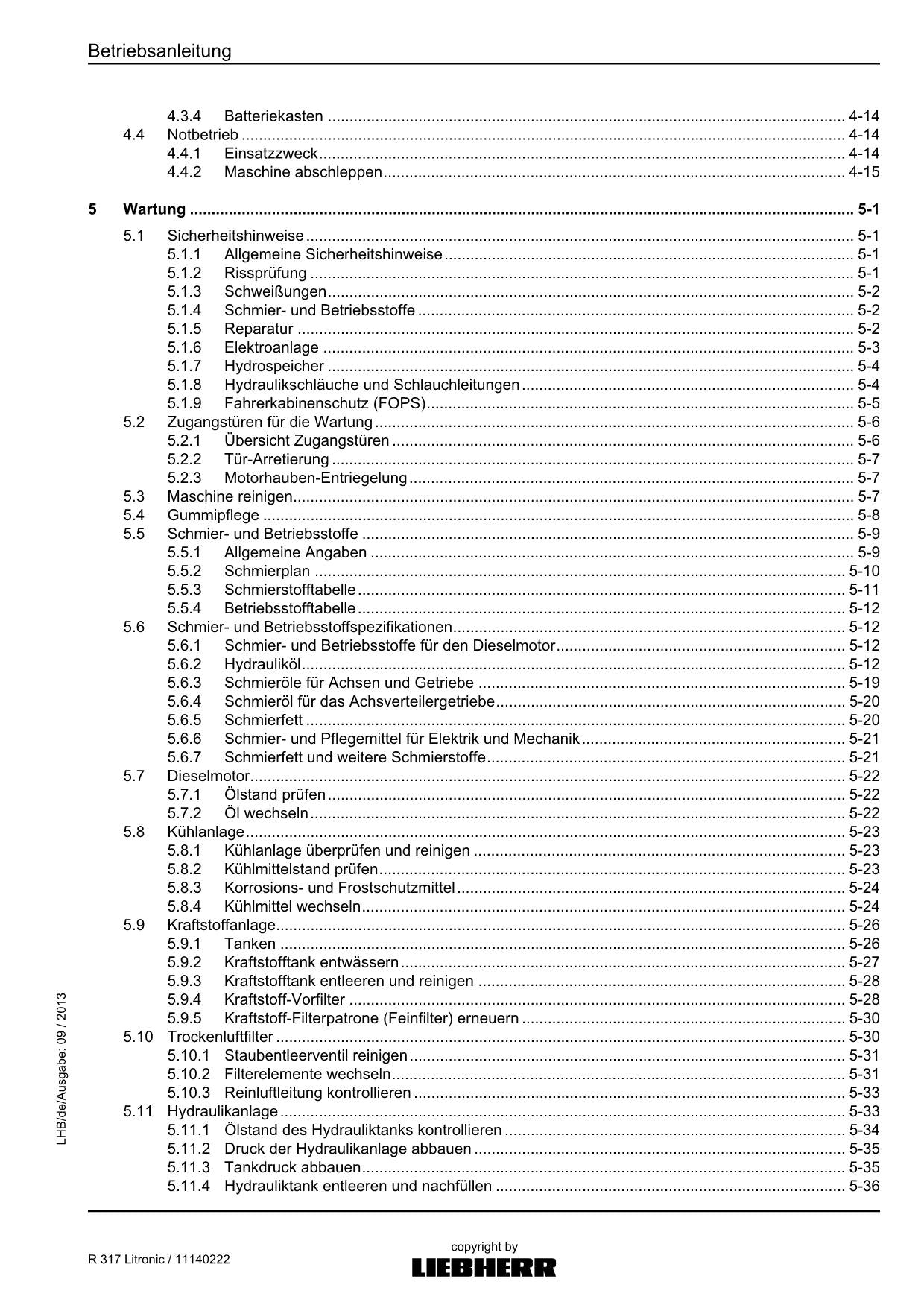 Liebherr R317 Litronic Hydraulikbagger Betriebsanleitung 11140222