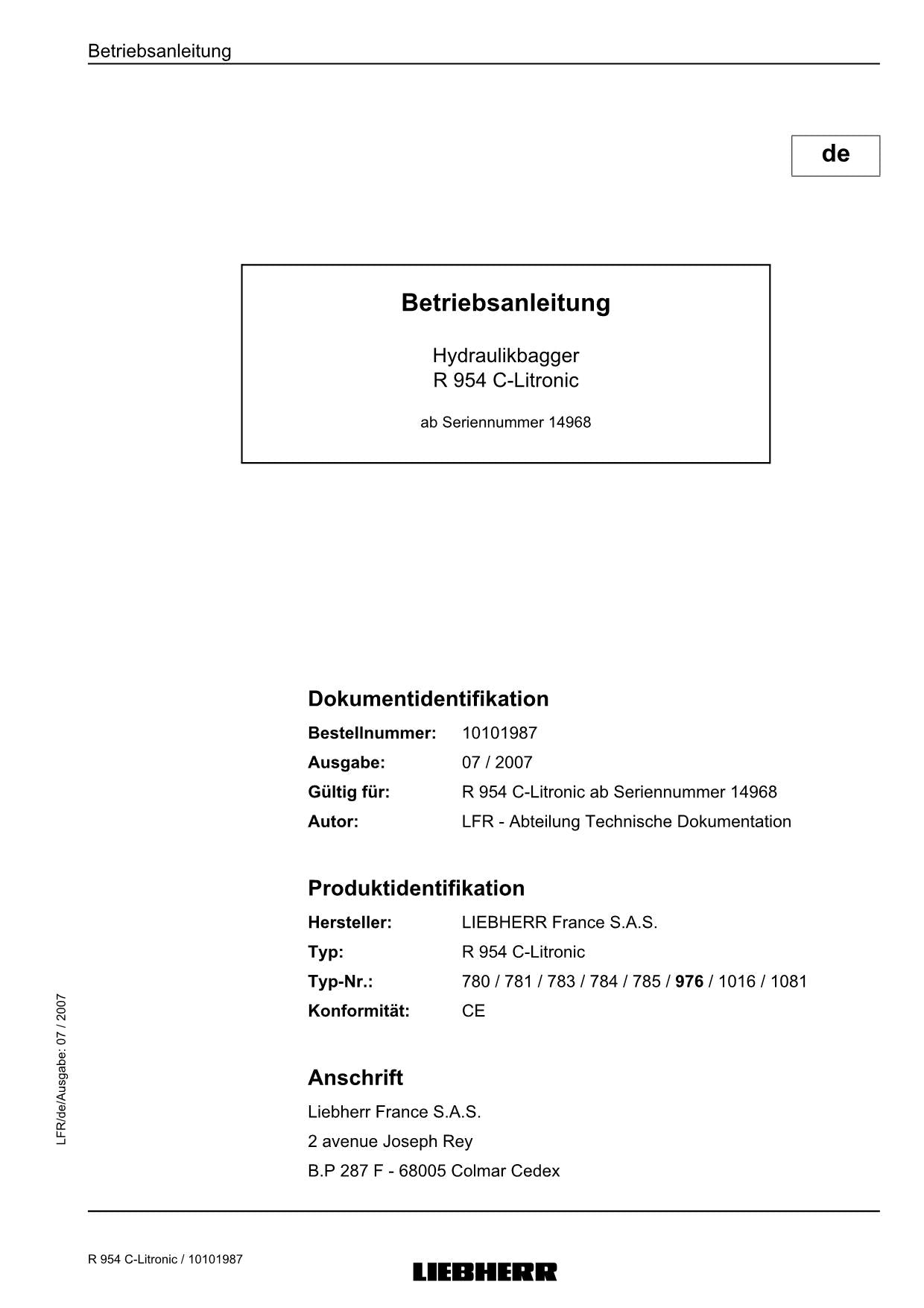 Liebherr R954 C Litronic Hydraulikbagger Betriebsanleitung ser 14968