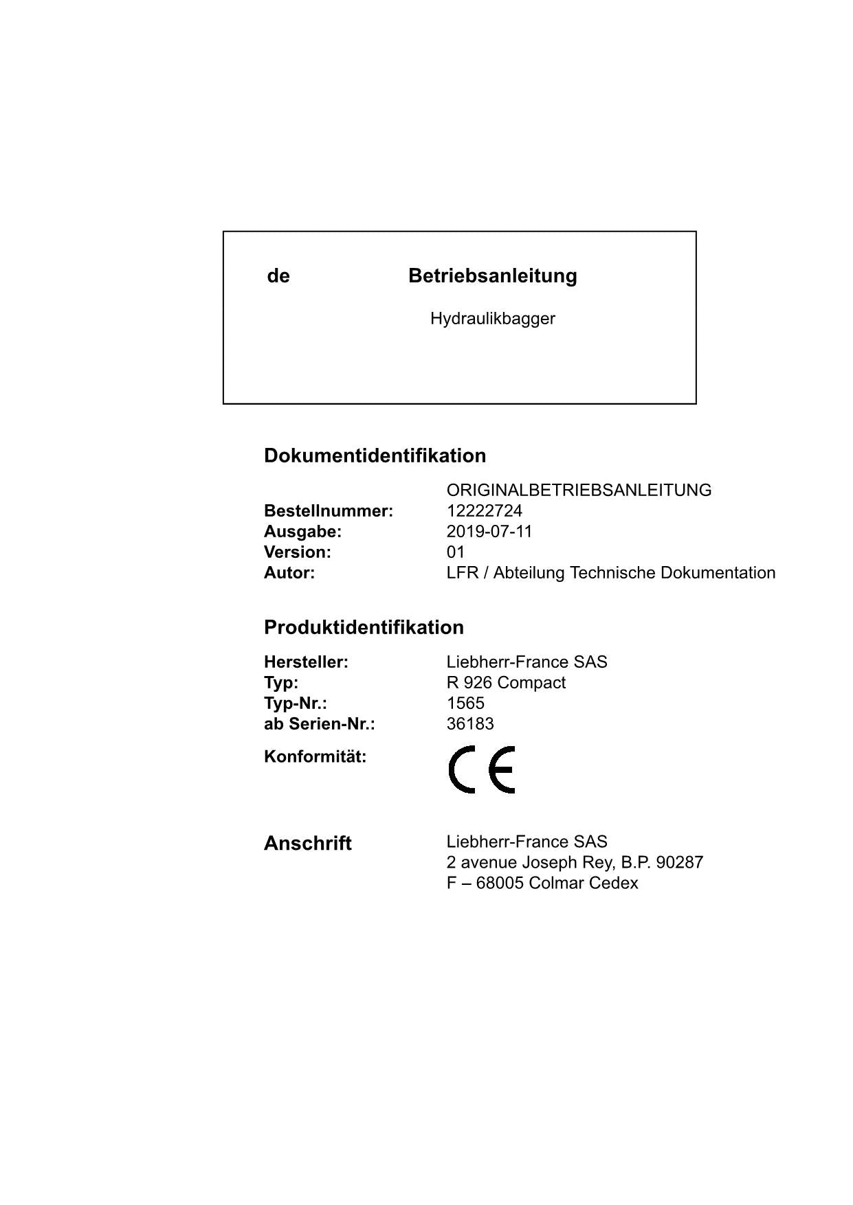 Liebherr R926 Compact Hydraulikbagger Betriebsanleitung ser 36183