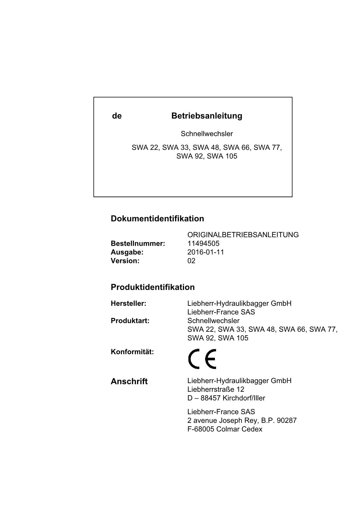 Liebherr SWA22 SWA33 SWA48 SWA66 SWA77 SWA92 Schnellwechsler Betriebsanleitung