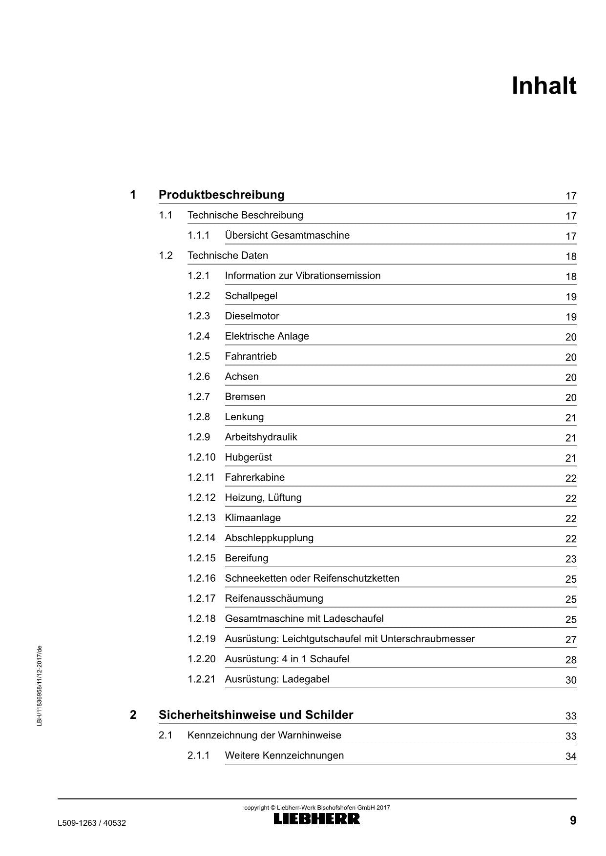 Liebherr L509 Radlader Betriebsanleitung ser 40532 typ 1263