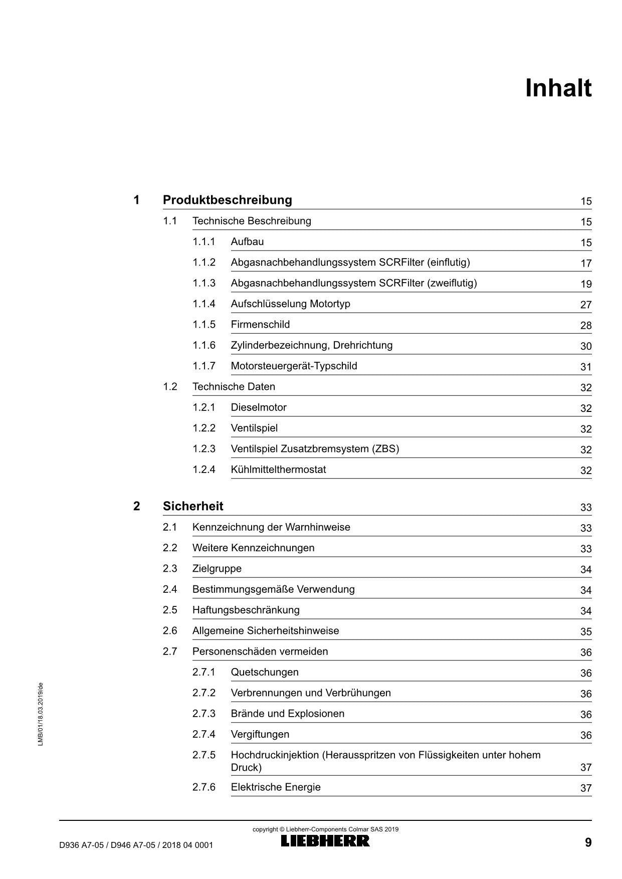 Liebherr D936 A7-05 D946 A7-05 Moteur diesel Manuel d'instructions