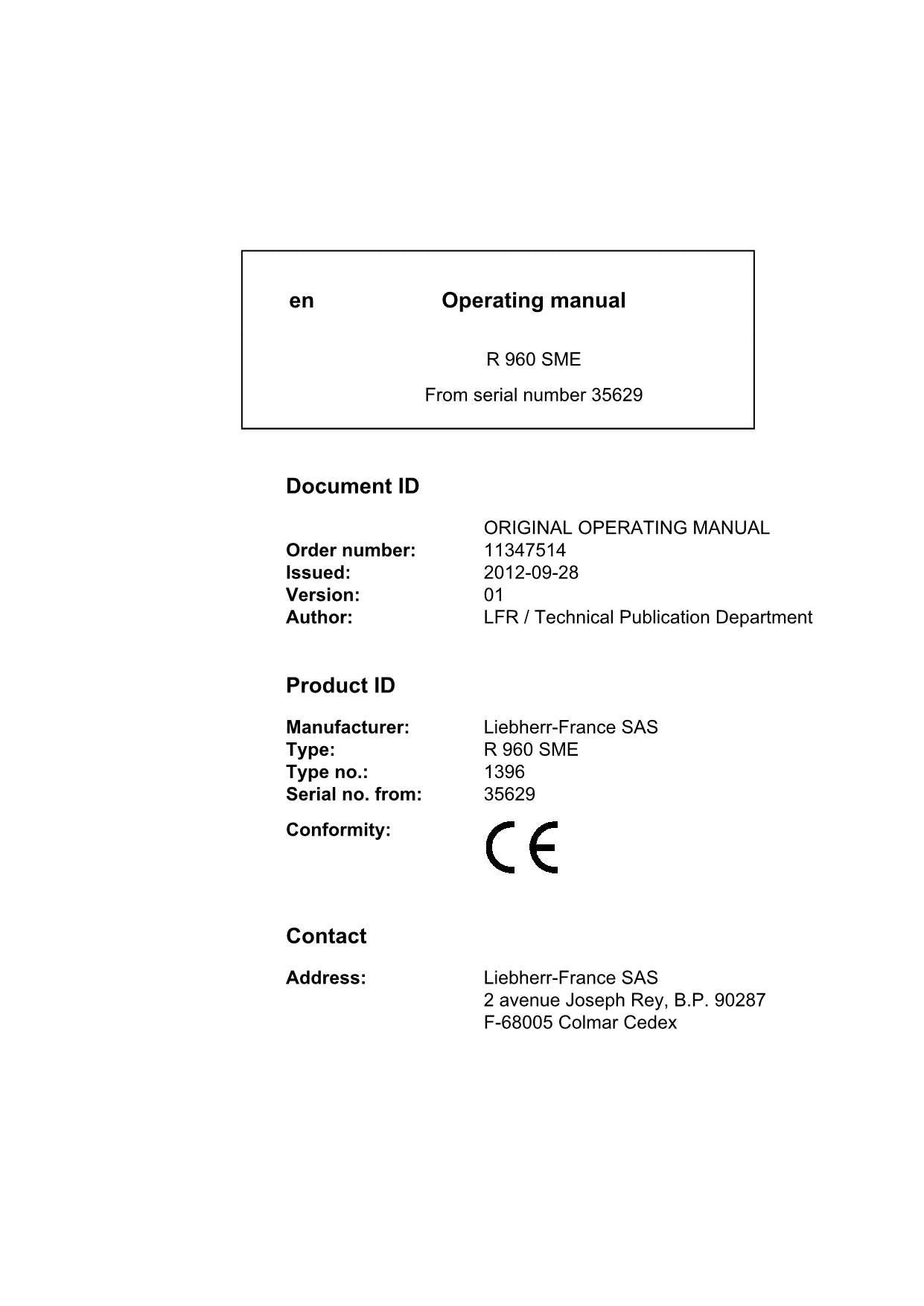 Liebherr R960 SME Excavator Operators manual